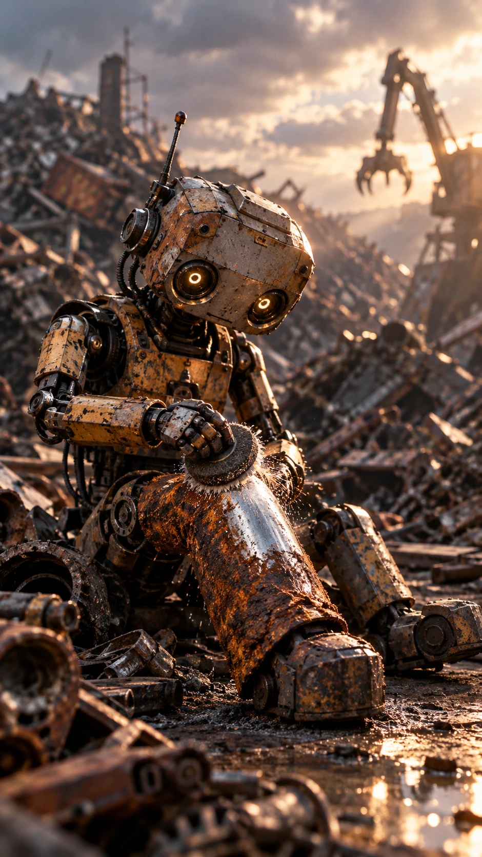 Robot de mantenimiento oxidado limpiando su pierna en un desguace