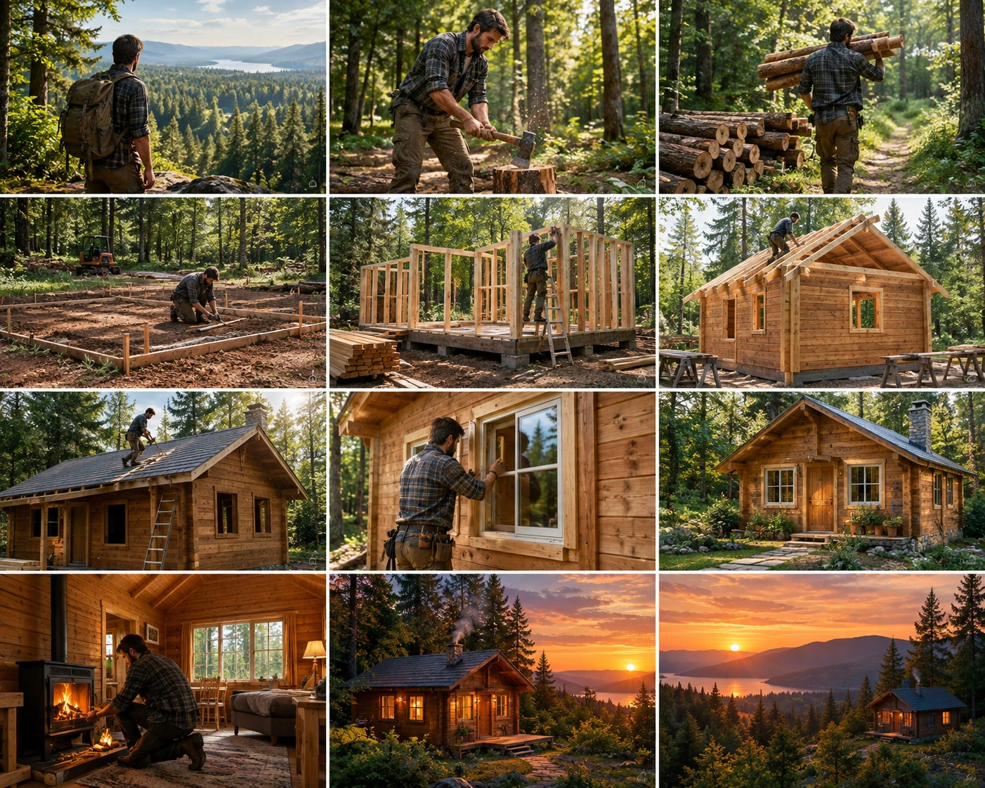 Uomo che Costruisce una Casa di Legno in una Foresta Tranquilla