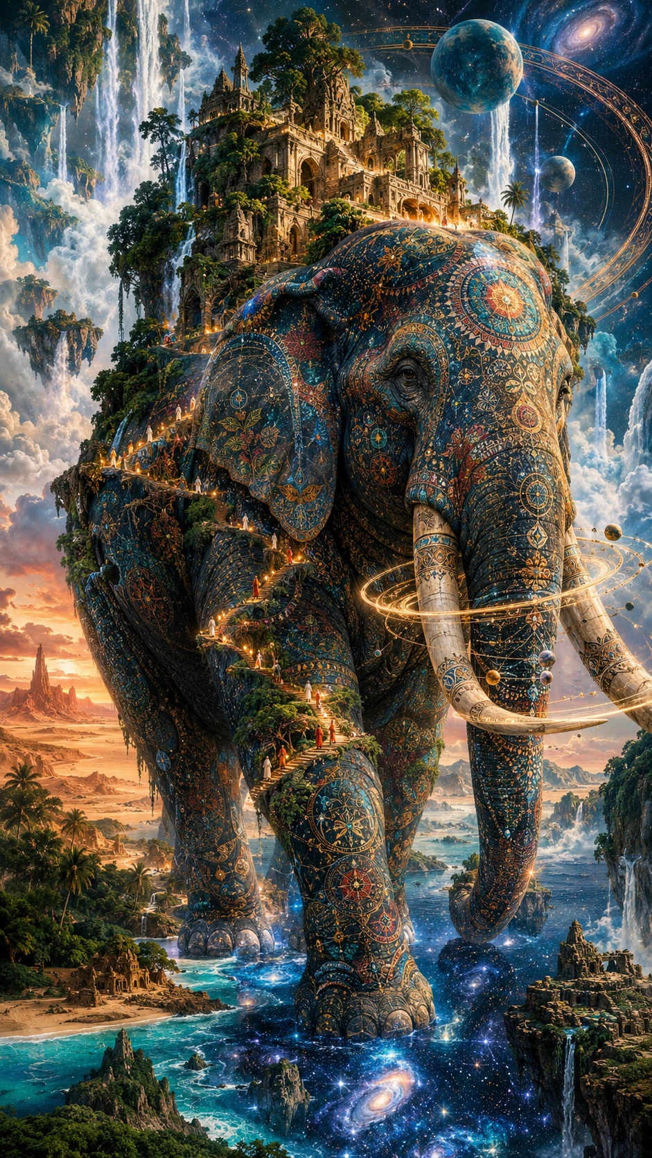 Elefante antigo cruzando uma paisagem surreal e fundida