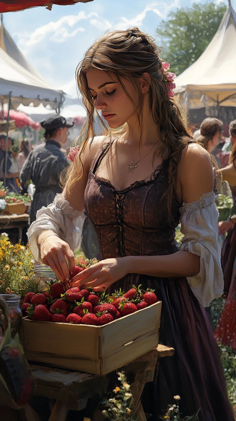 Femme bohème disposant des fraises au marché d’automne