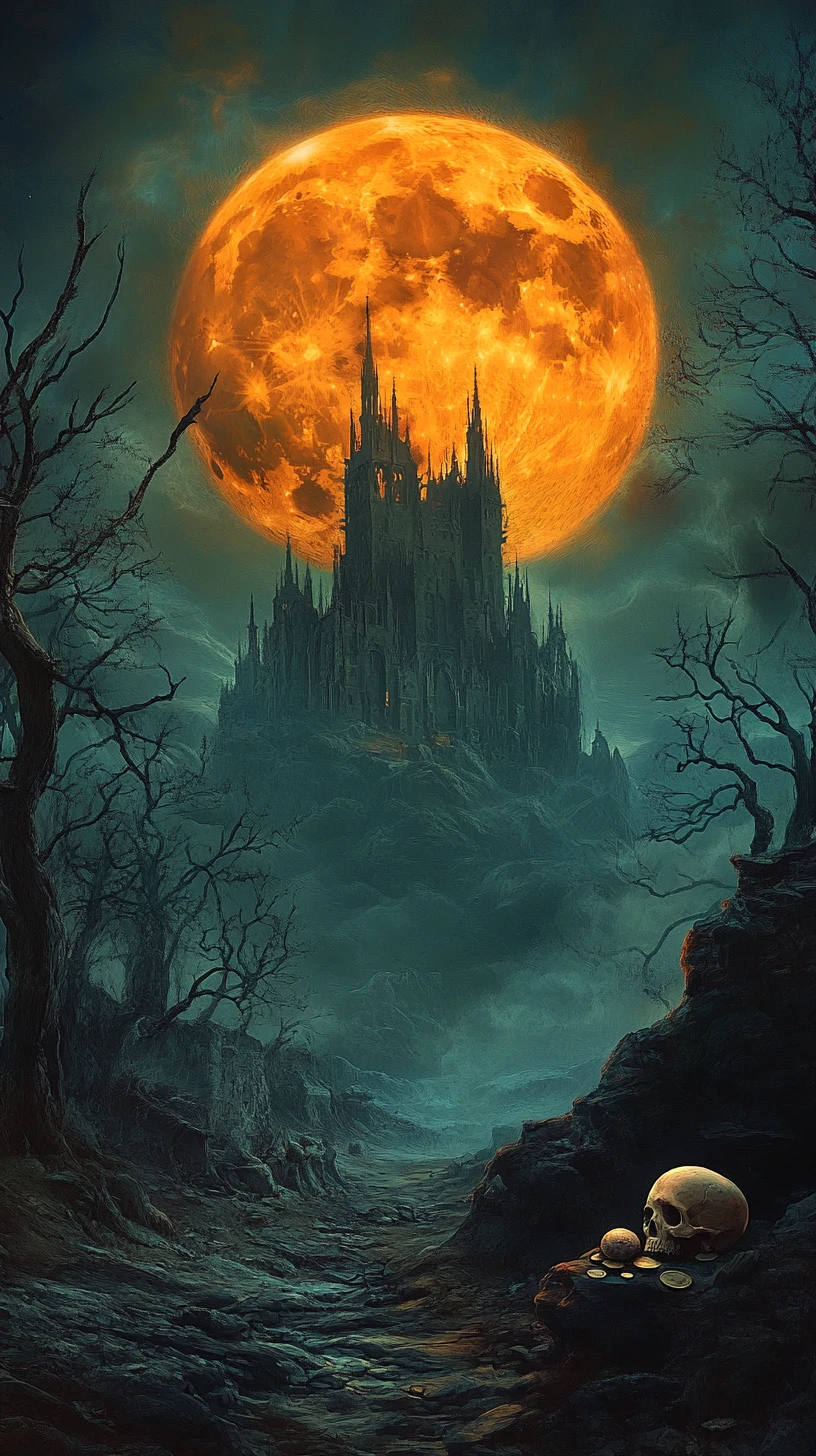 Castelo gótico sob uma vasta e sombria lua cheia