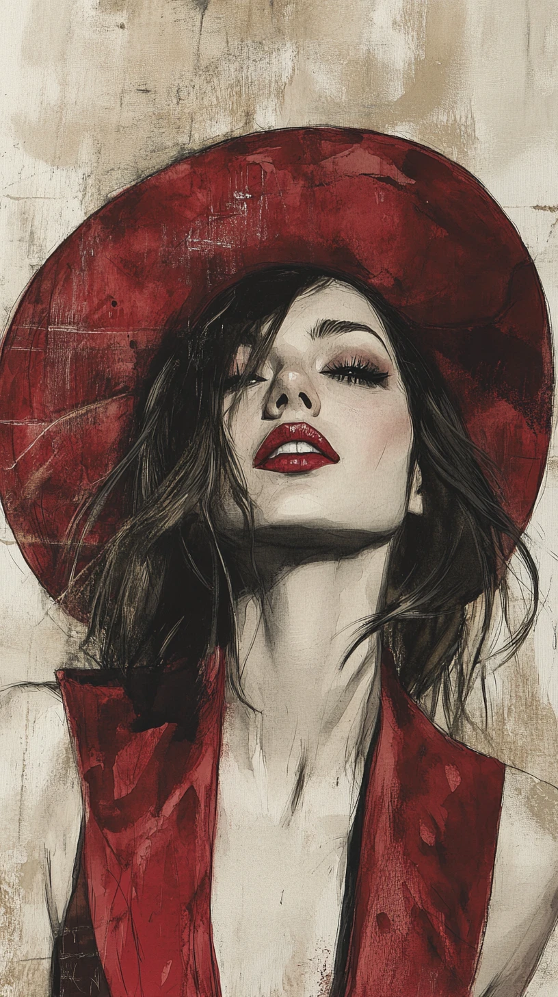 Retrato em aquarela de uma mulher com um chapéu vermelho marcante