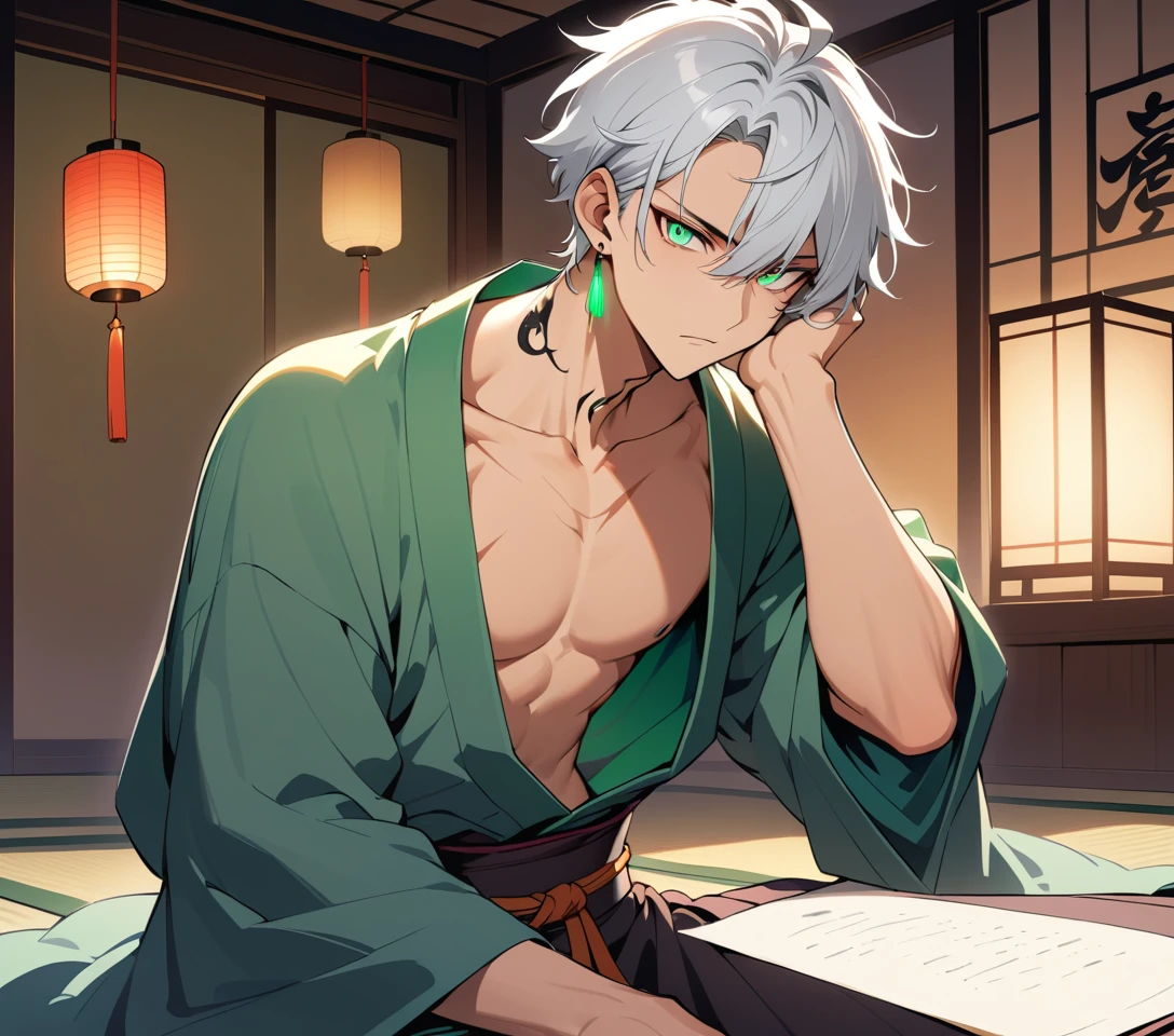 Homem de anime sedutor de yukata aberto à luz de lanternas