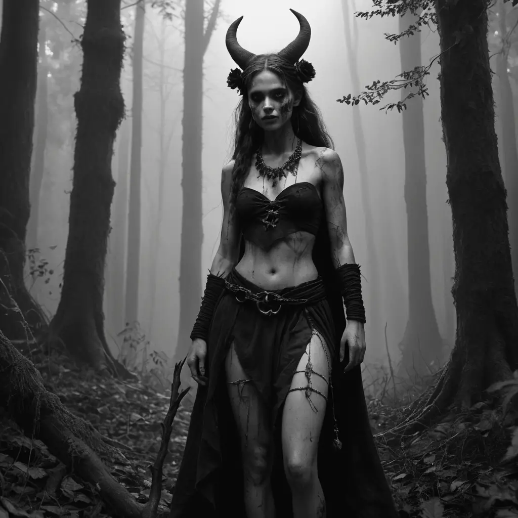 Jeune sorcière de la forêt avec un démon sous un clair de lune inquiétant