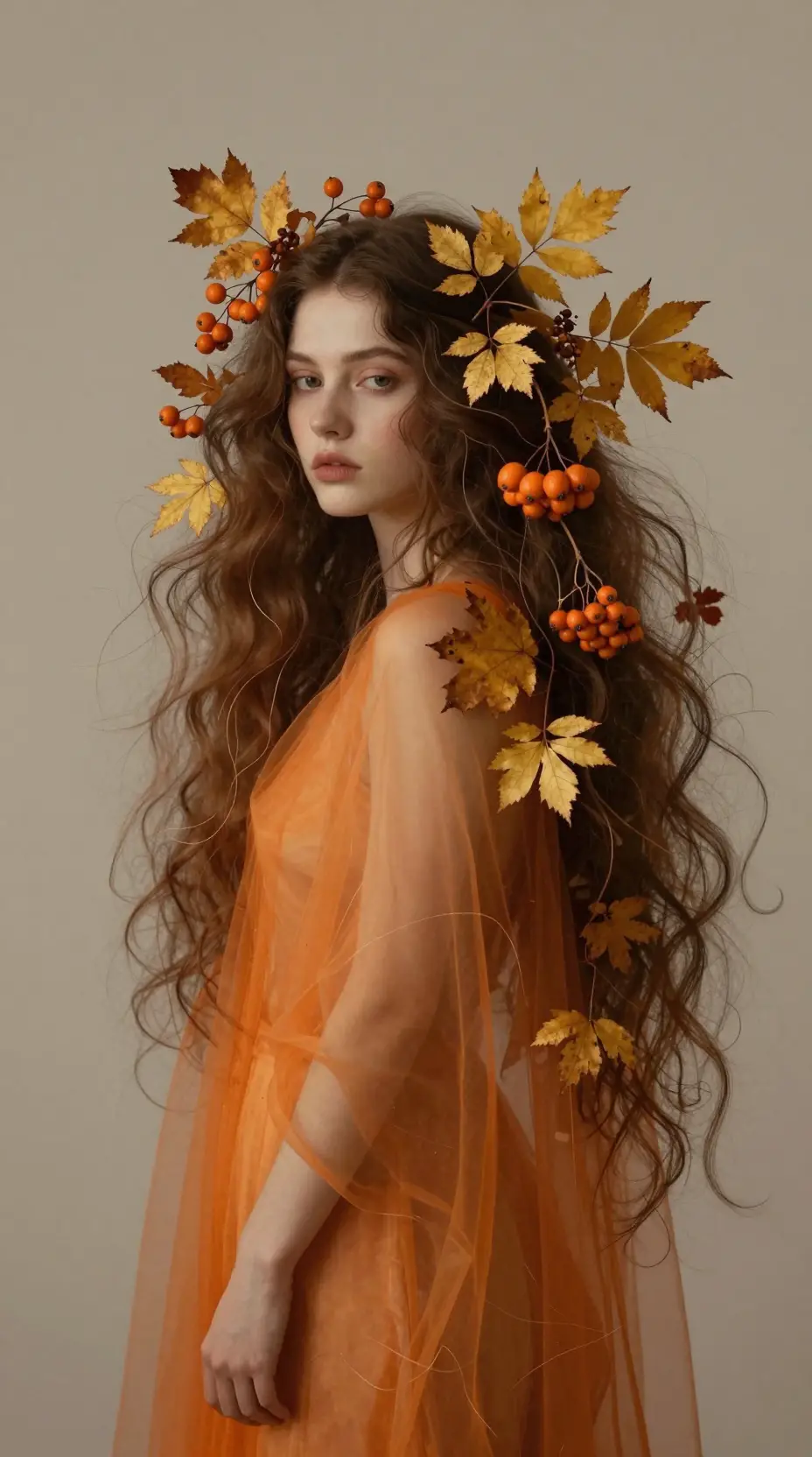 Ätherische Herbstfrau mit goldenen Blättern und Beeren