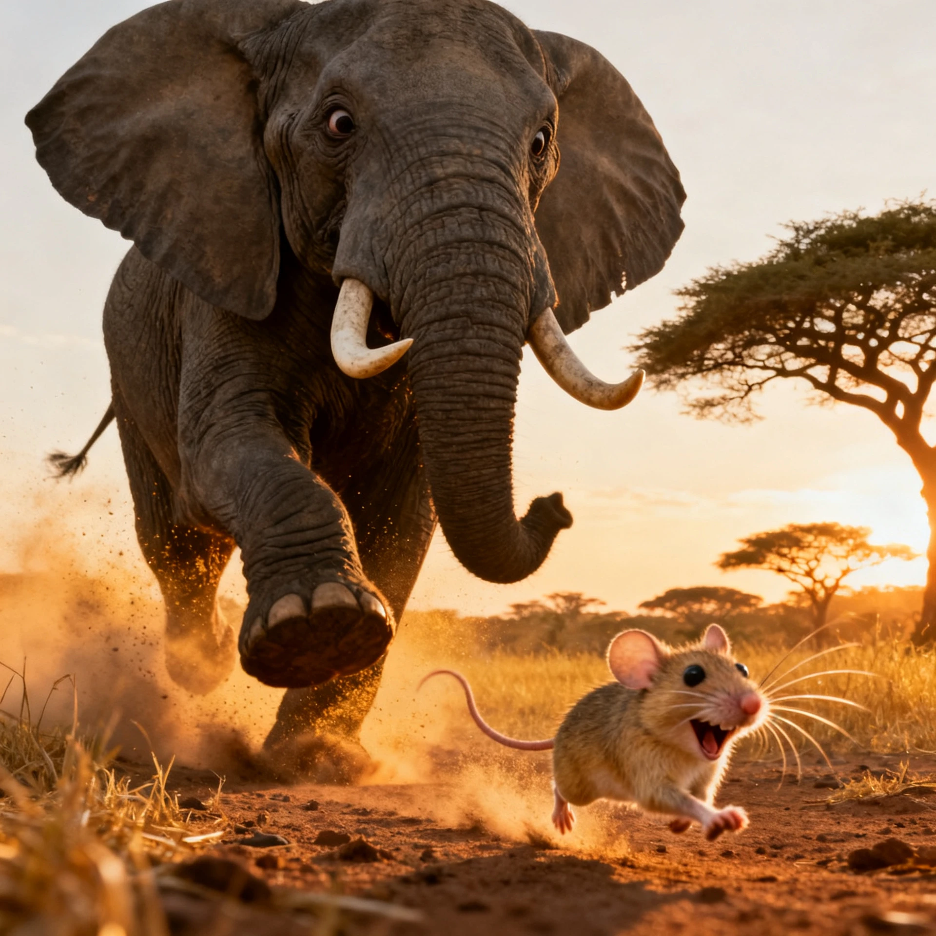Elefante fugindo de um pequeno rato pela savana africana ensolarada