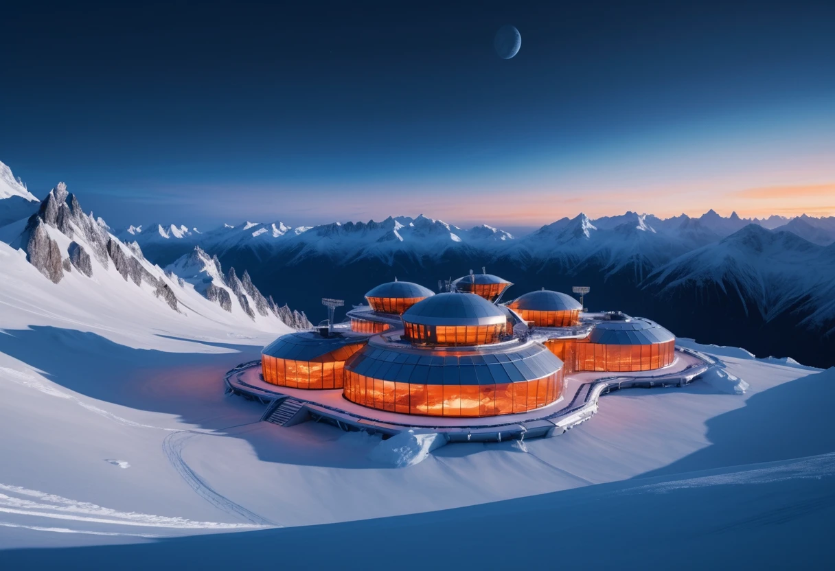 Futuristische Forschungsstation entlang eines verschneiten Gebirgskamms in der Dämmerung
