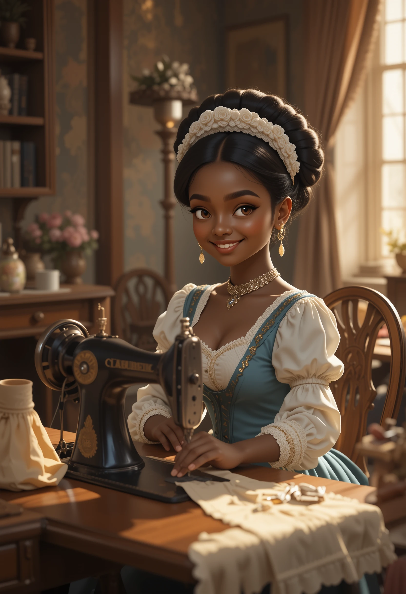 Jeune femme cousant à une table vintage dans une pièce chaleureuse