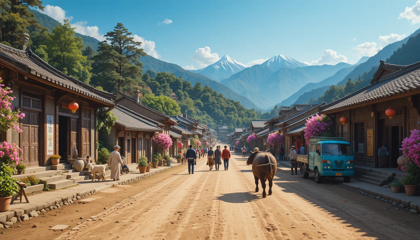 Traditionelle Straße in einem taiwanischen Bergdorf an einem sonnigen Tag