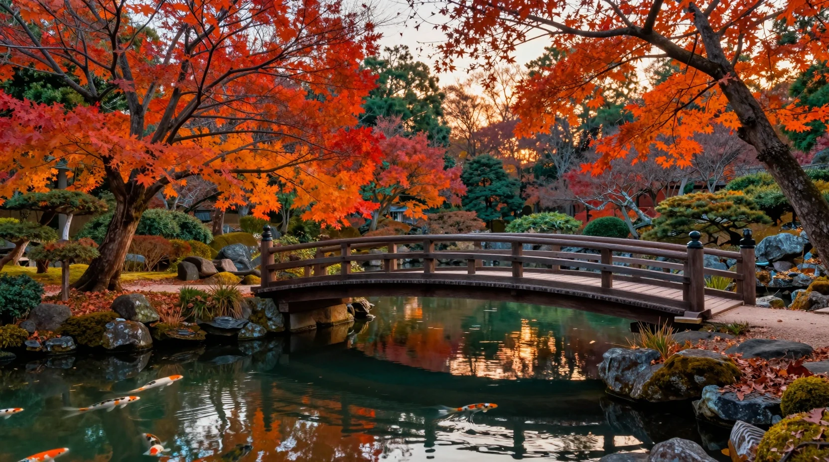 秋日夕陽下錦鯉池上的日式庭園小橋