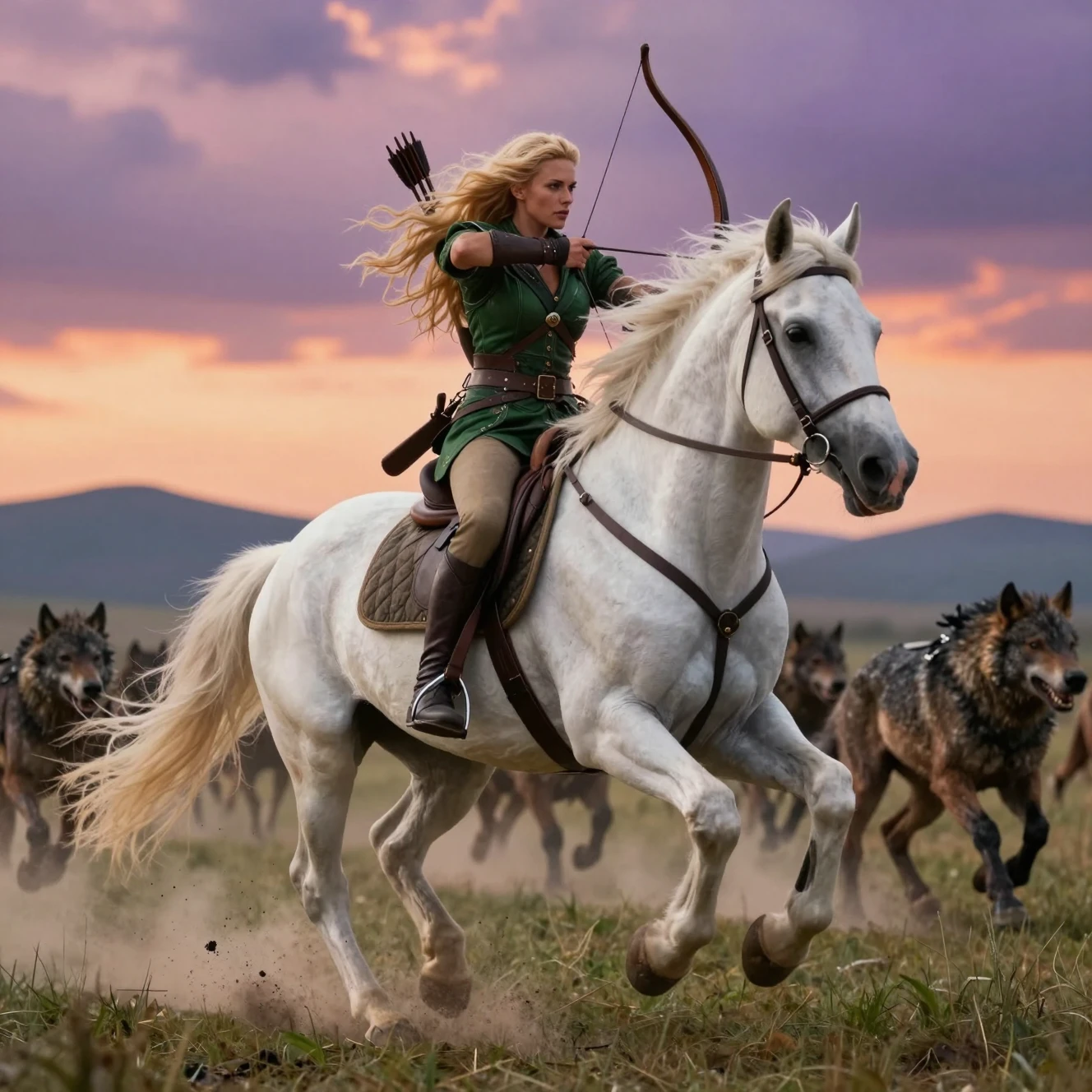 Guerreira loira cavalgando um cavalo branco ao pôr do sol