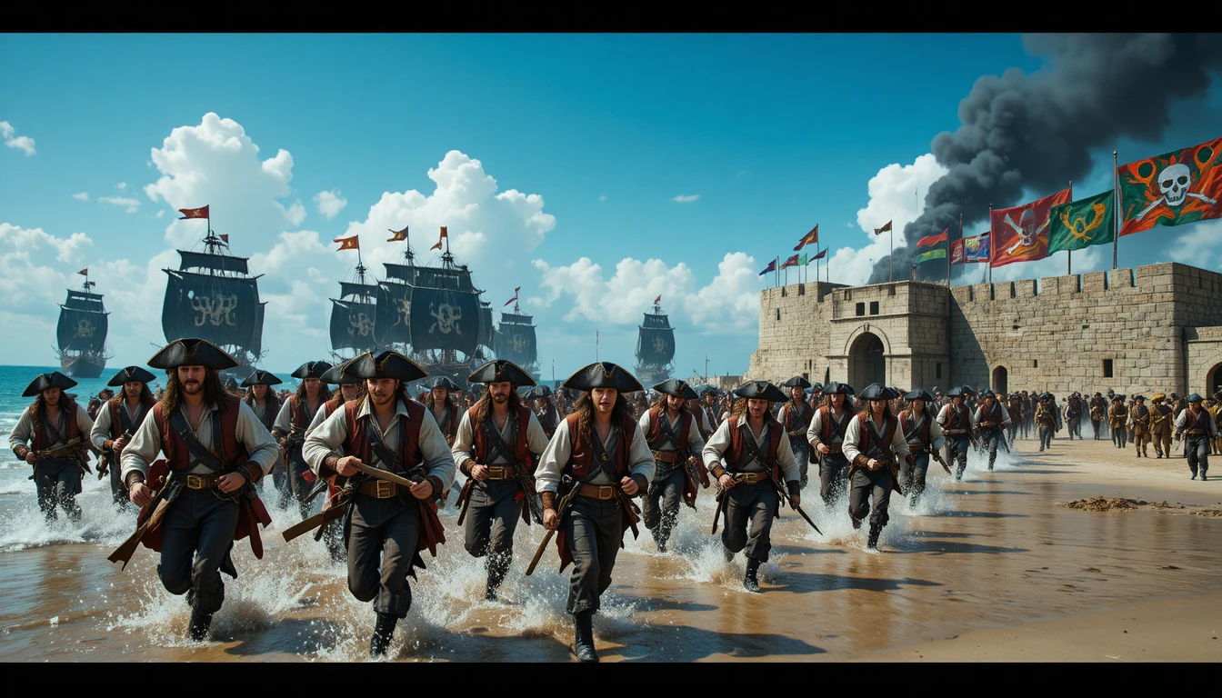 Des pirates chargent une forteresse côtière dans une scène de bataille cinématographique