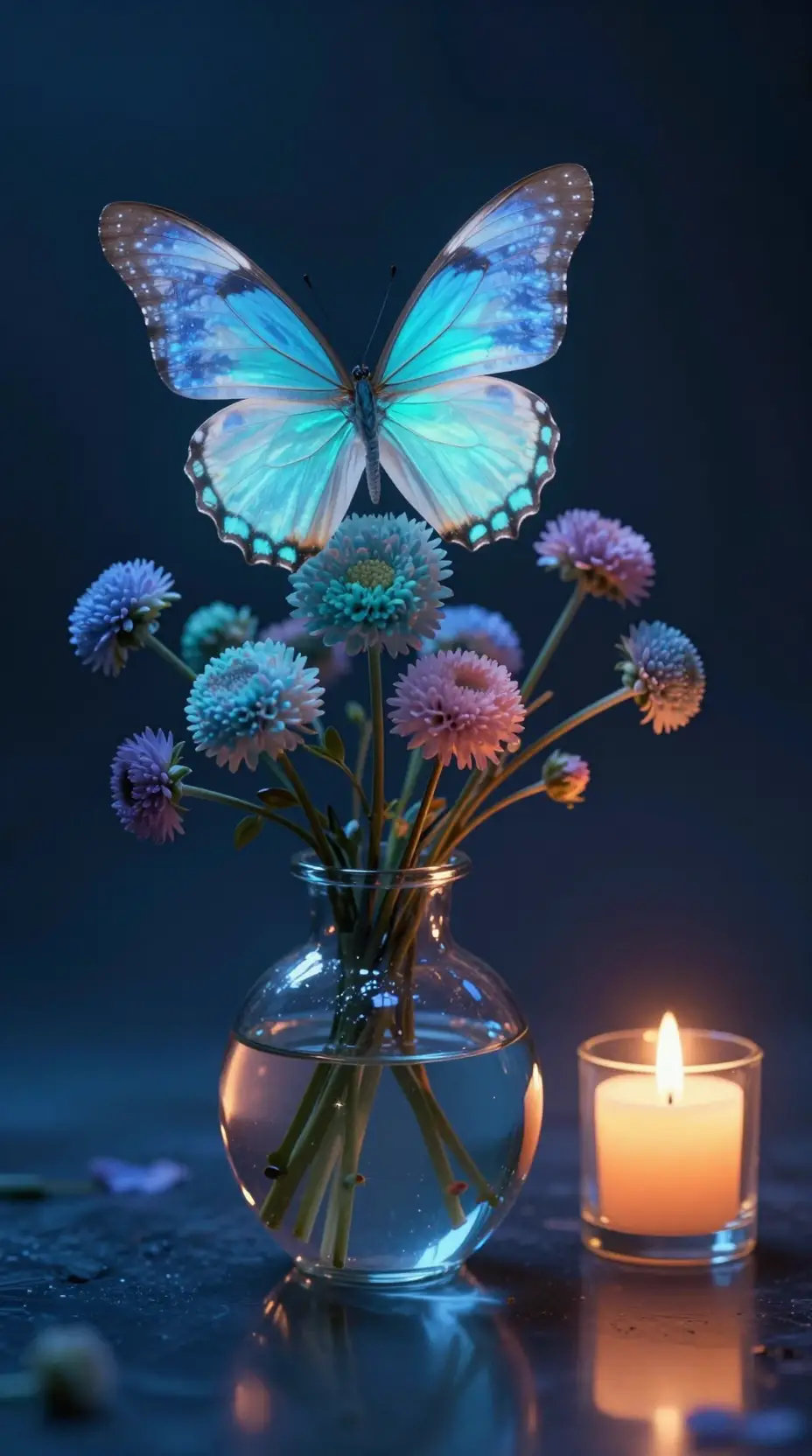 Schmetterling und Blumen in kerzenbeleuchteter Glas-Stillleben-Szene