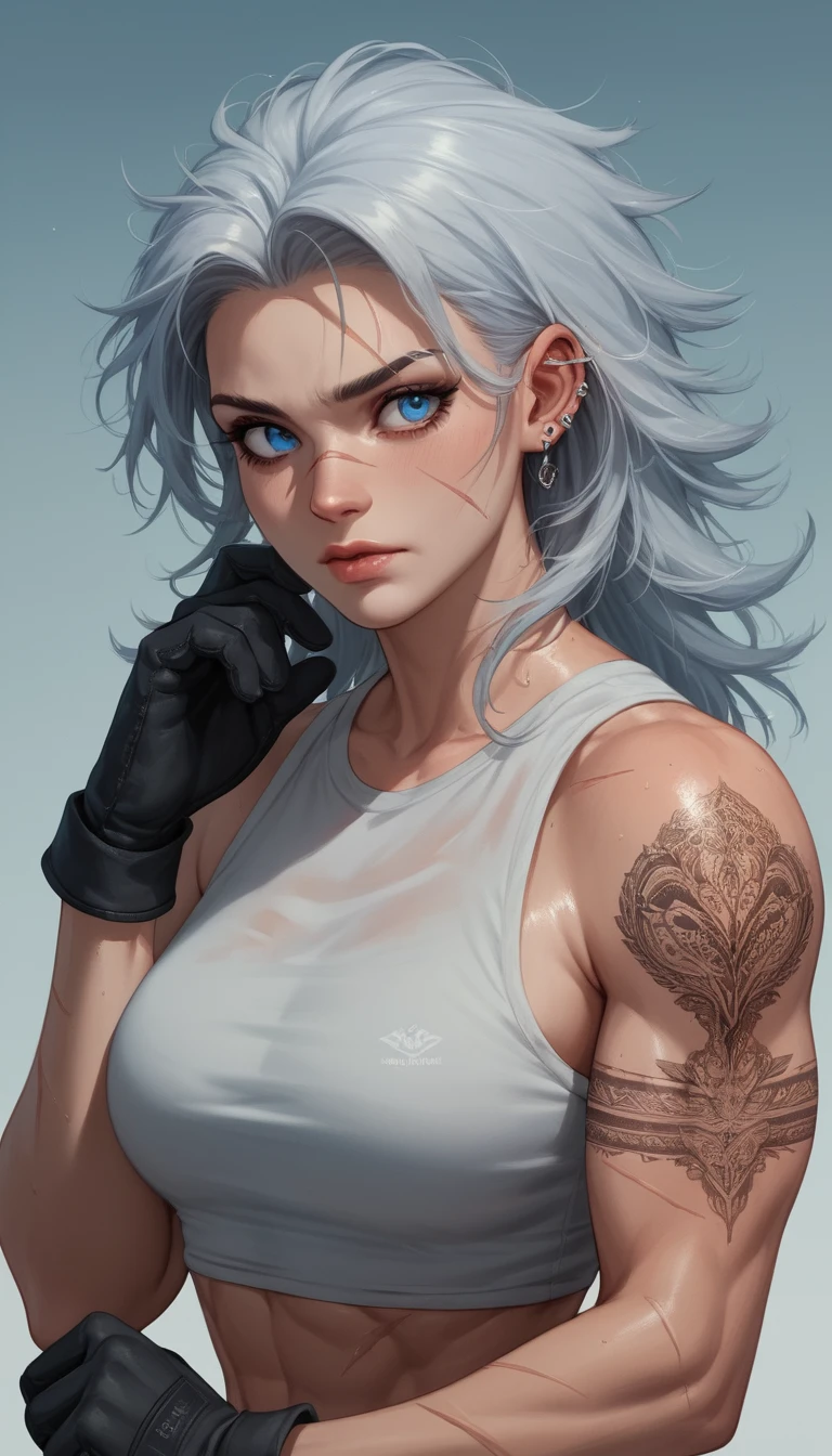 Une femme de style anime pose avec assurance, les yeux bleus embués de larmes et des tatouages détaillés