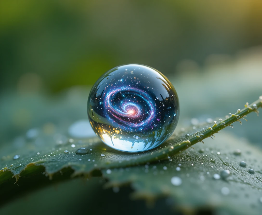 綠葉上方的球形水滴中，藏著一座微型旋轉星系