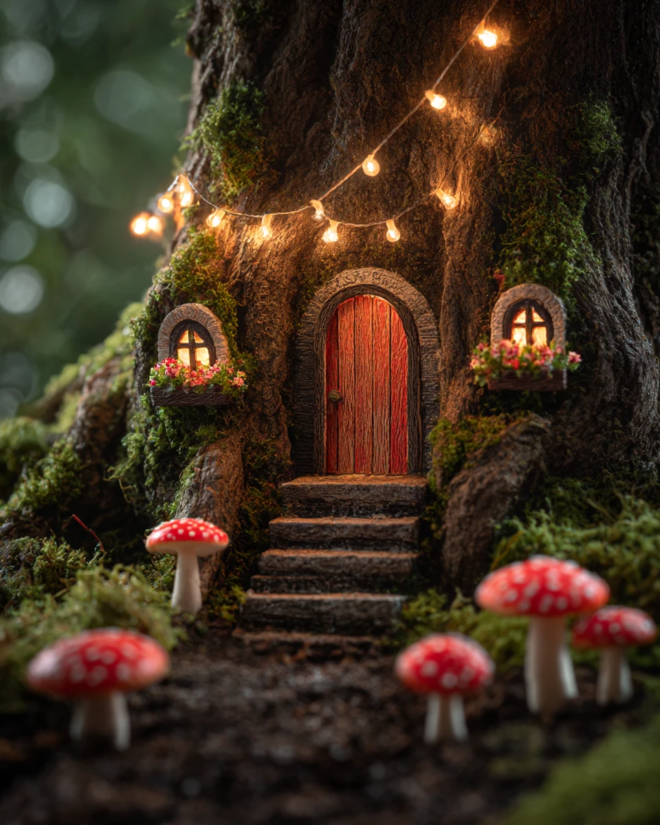 Ein winziges Feenhaus in einem uralten, moosbewachsenen Baum