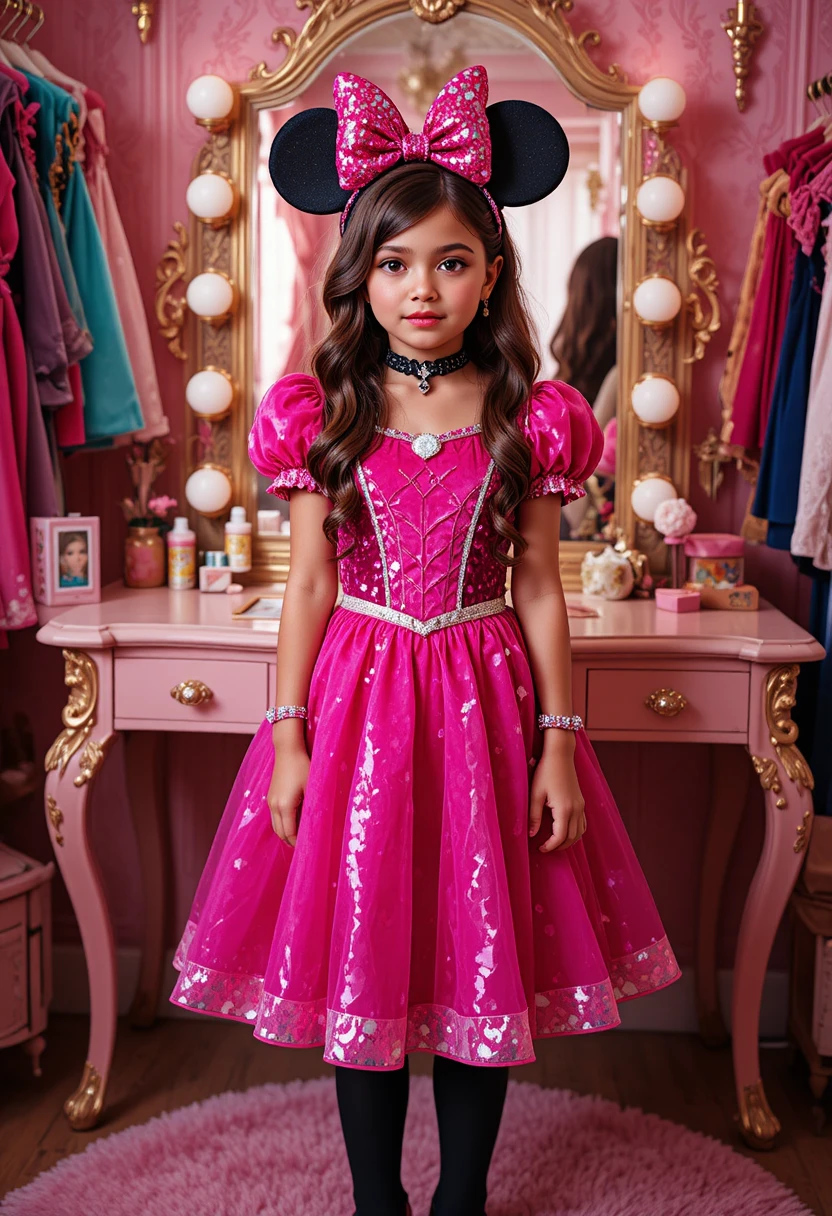 Um garoto pré-adolescente faz beicinho usando uma fantasia de princesa da Minnie Mouse diante de uma penteadeira