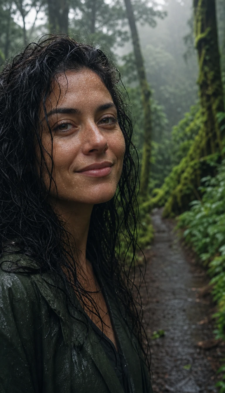 Uma mulher com chuva no rosto junto a um caminho florestal coberto de musgo