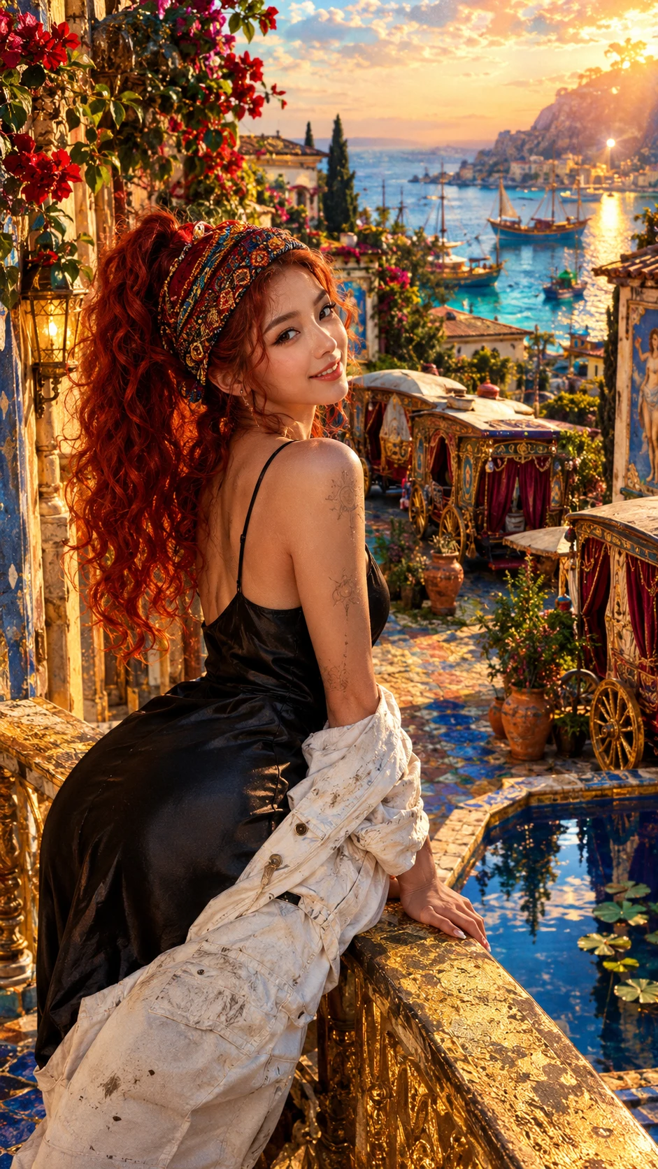 Uma mulher ruiva debruça-se de uma varanda sobre uma viela de calçada