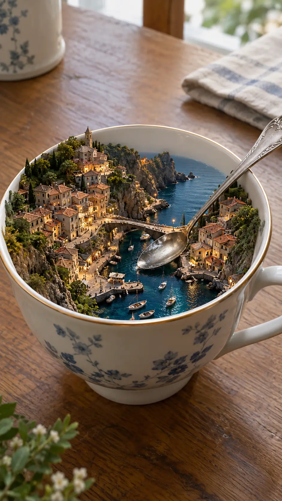 廚房桌上的瓷茶杯，盛著一座迷你海岸村莊
