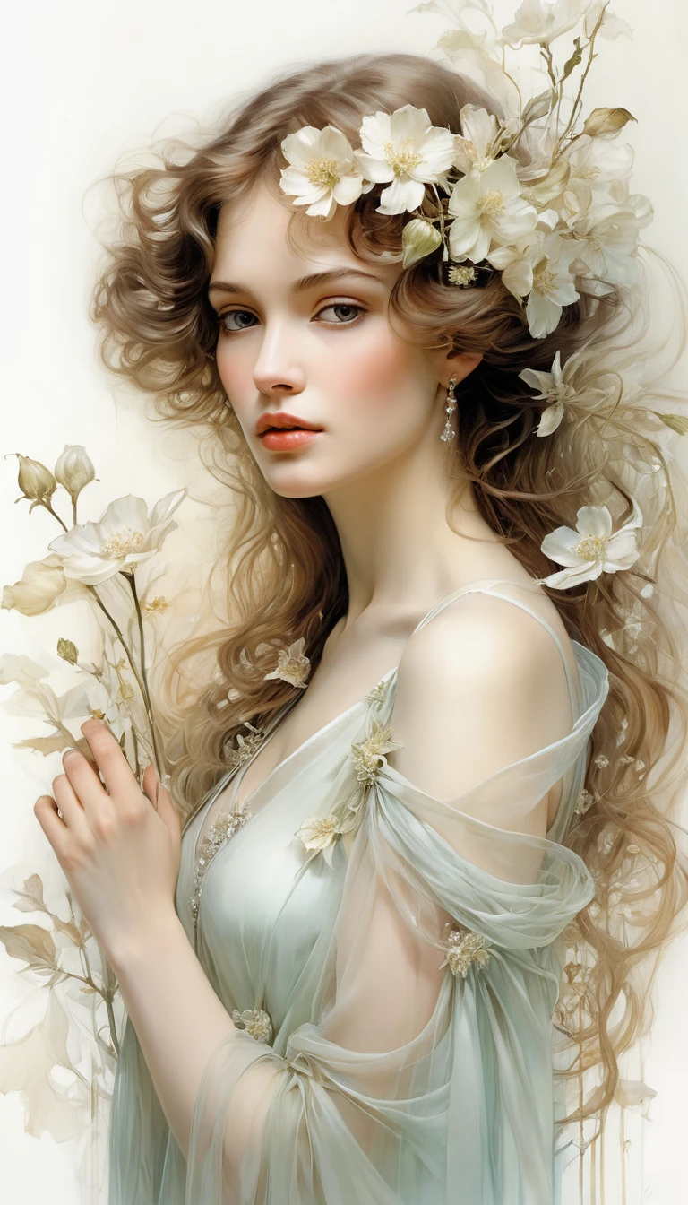 Eine Dame zwischen zarten, blassen Blumen in einer ätherischen impressionistischen Szene