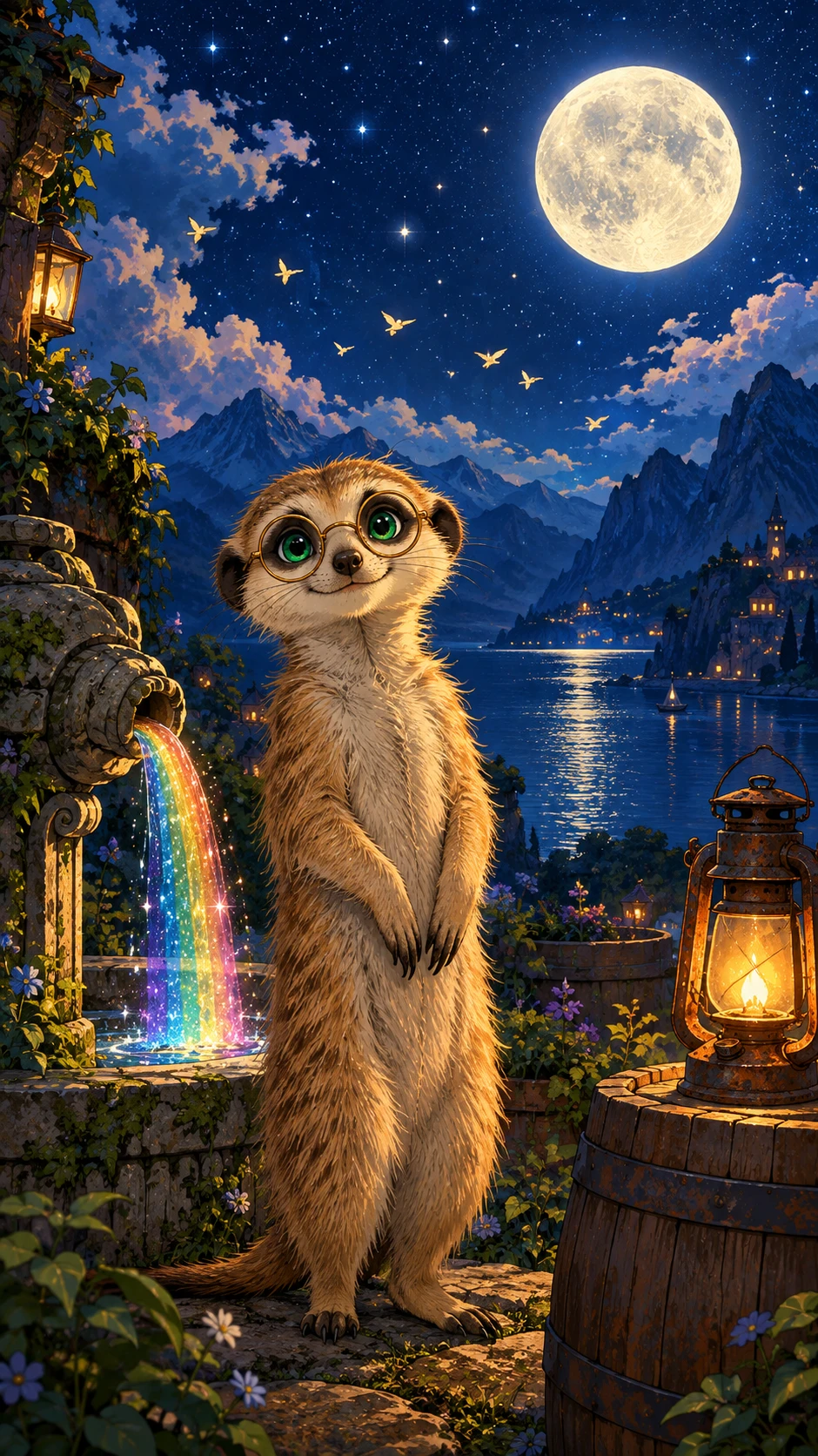 A fluffy meerkat gazes at the viewer in an enchanted mountain landscape