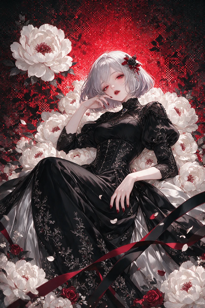 Uma mulher em estilo anime reclina entre flores brancas e rosas vermelho-carmesim
