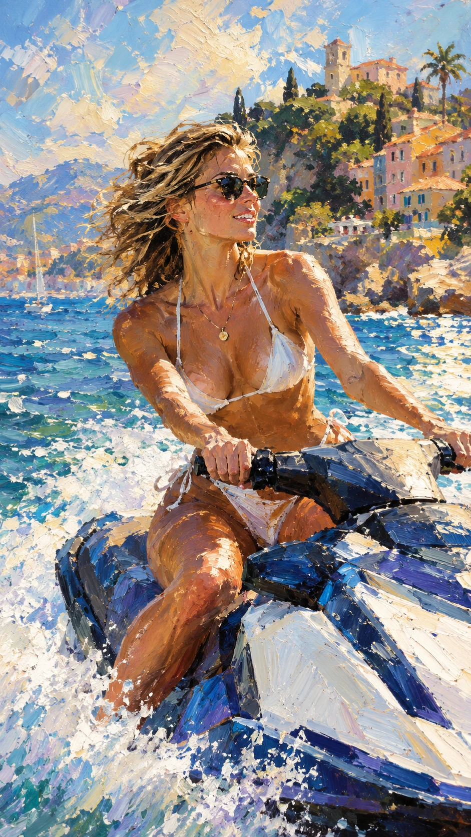 Uma mulher de biquíni atravessa as águas ensolaradas do Mediterrâneo num jet ski