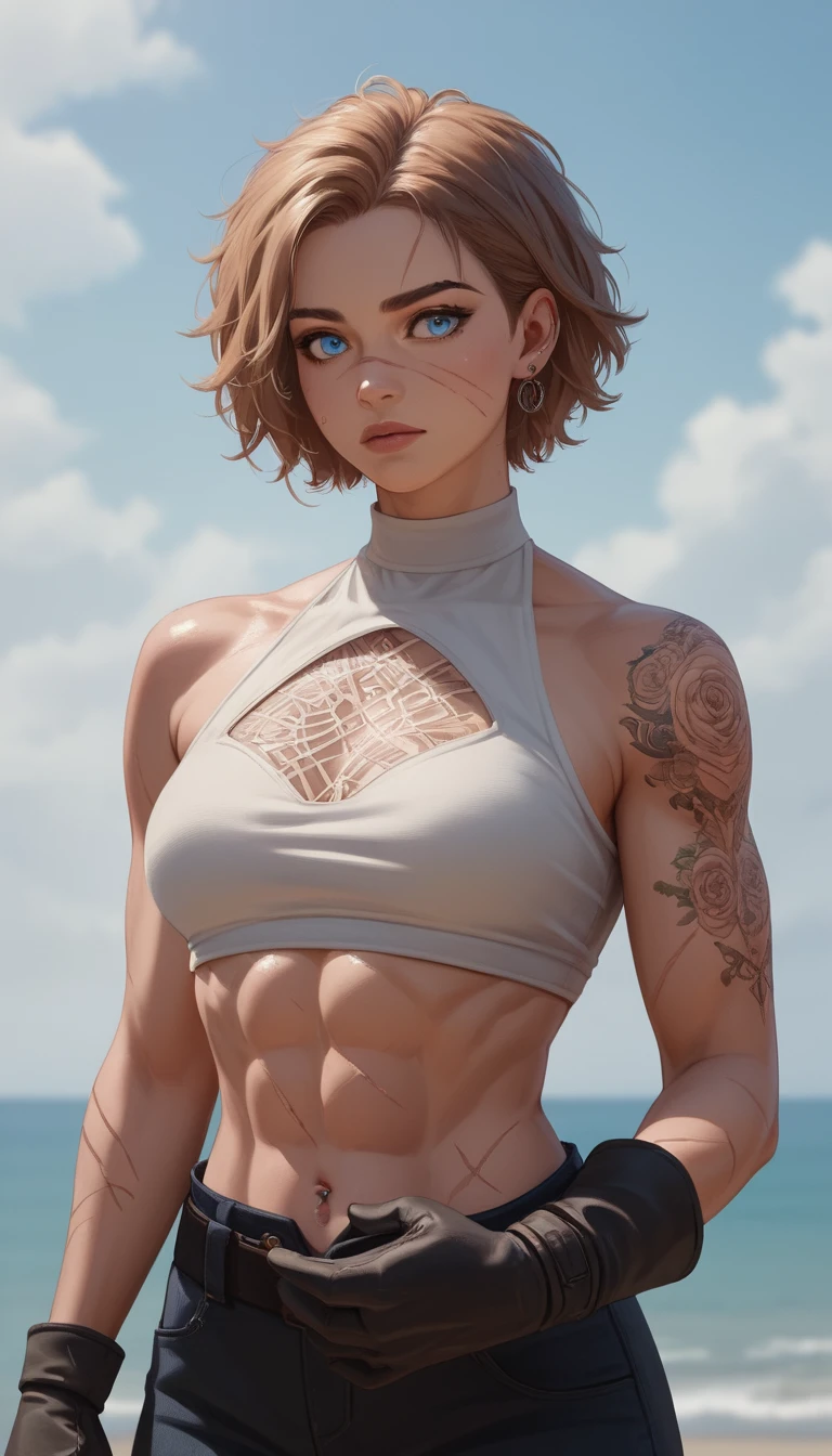 Héroïne féline d’anime posant avec des yeux bleus embués de larmes et des tatouages raffinés