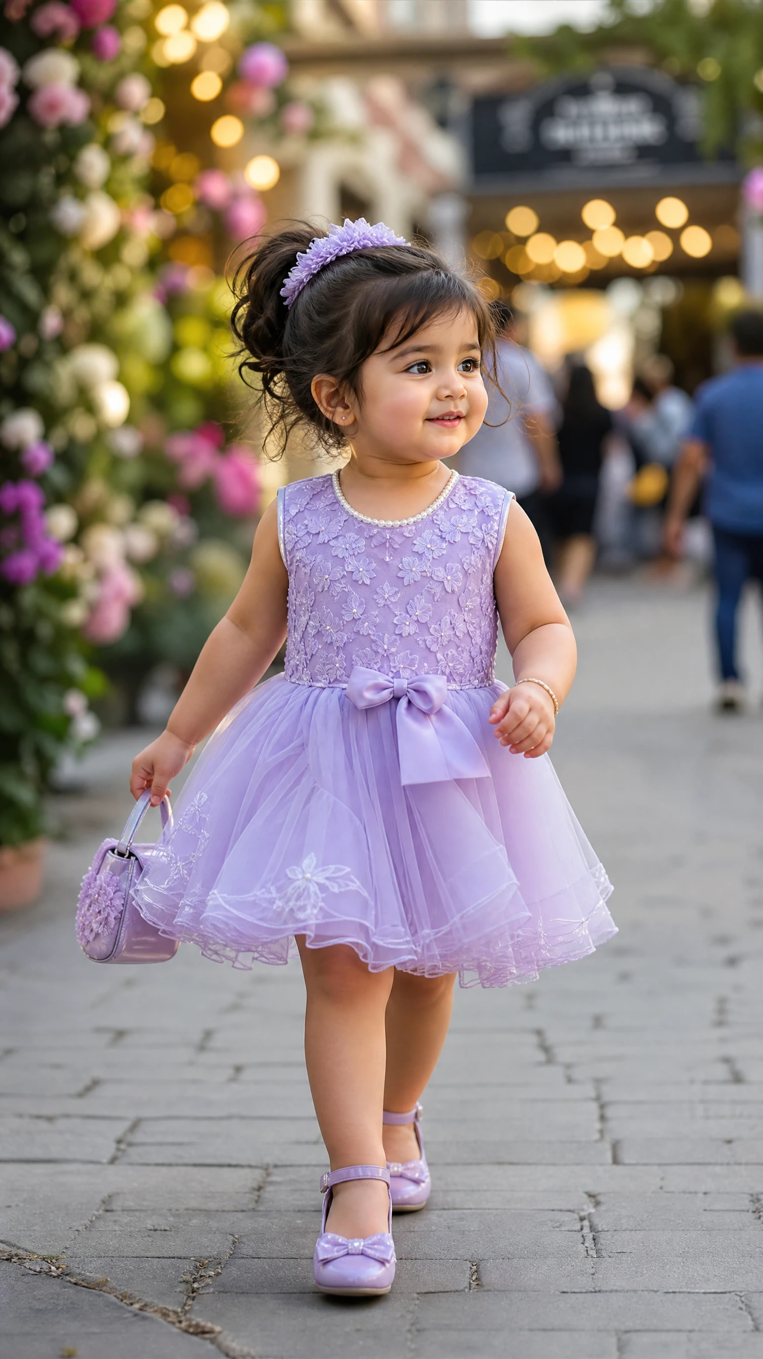 Una bambina realistica davanti a uno sfondo pubblico delicatamente sfocato