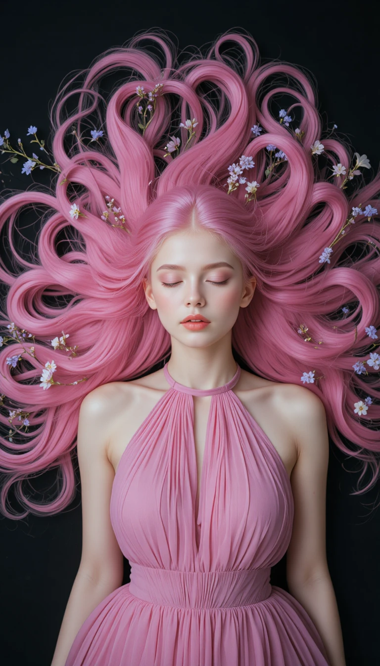 Una giovane donna è distesa tra fluenti capelli rosa su uno sfondo nero