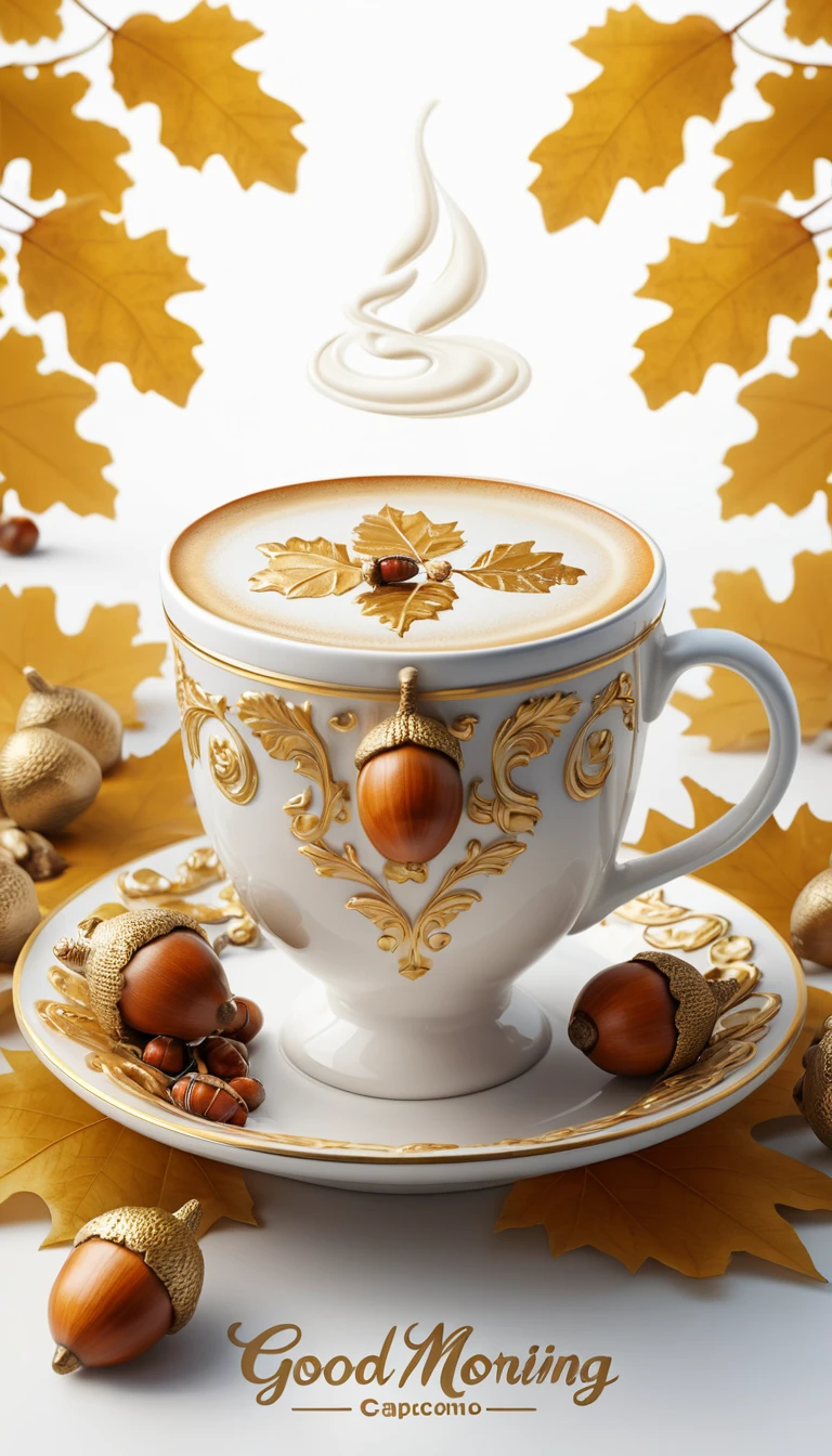 Mousse de cappuccino décorée de glands dorés et de feuilles