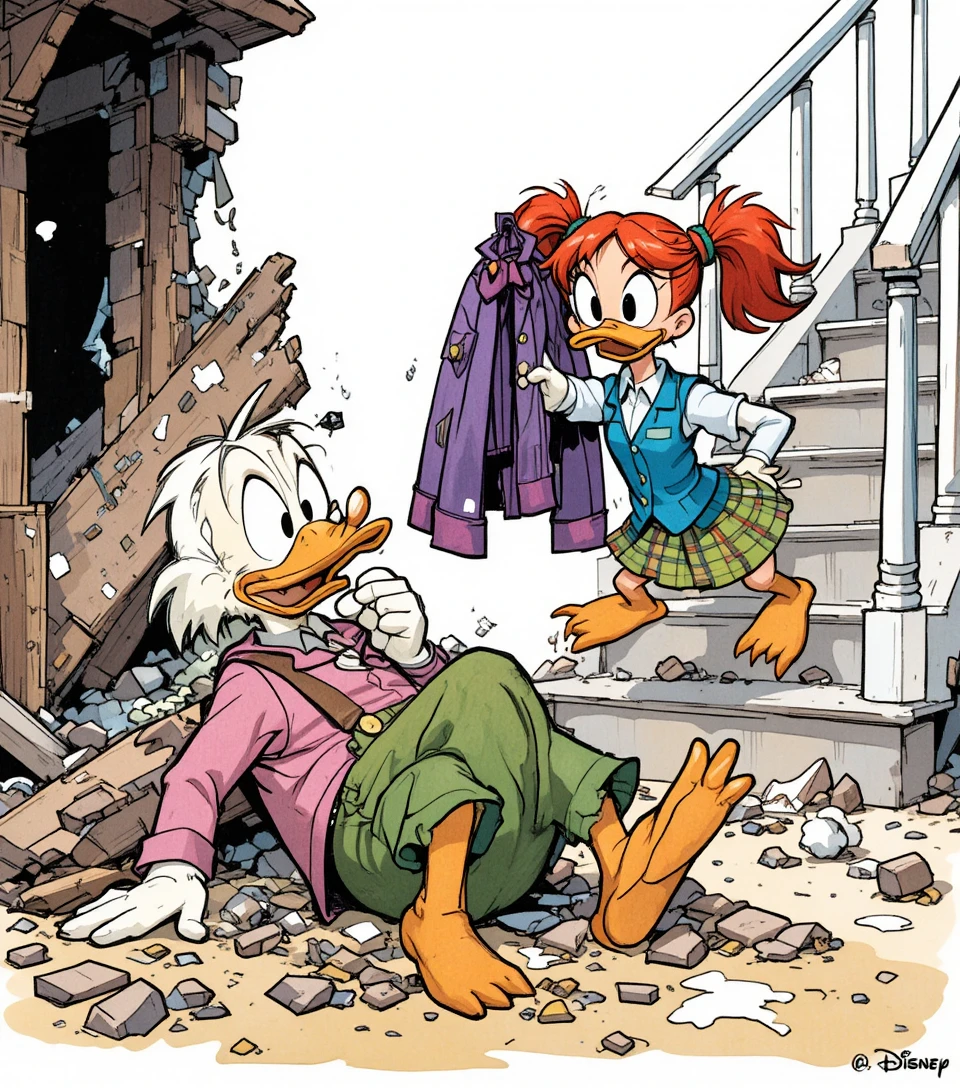 Tio Patinhas jaz de olhos arregalados entre os escombros em um quadro de quadrinhos