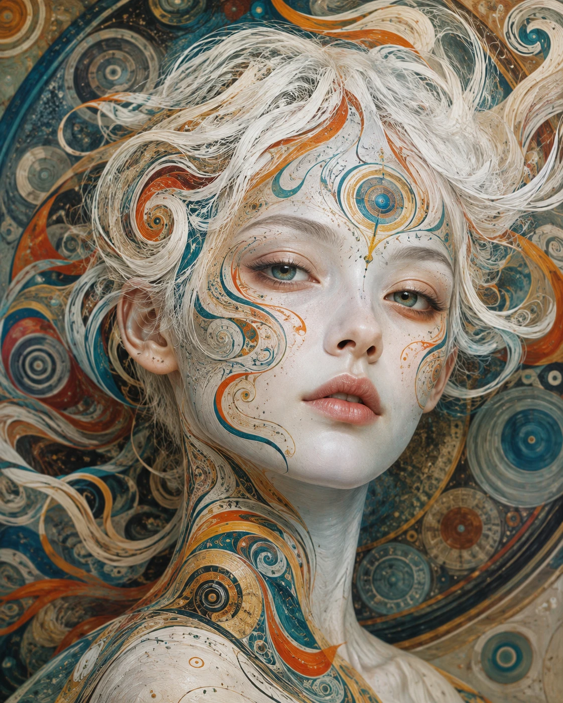 Retrato surreal de uma mulher com padrões de mandala multicoloridos em espiral