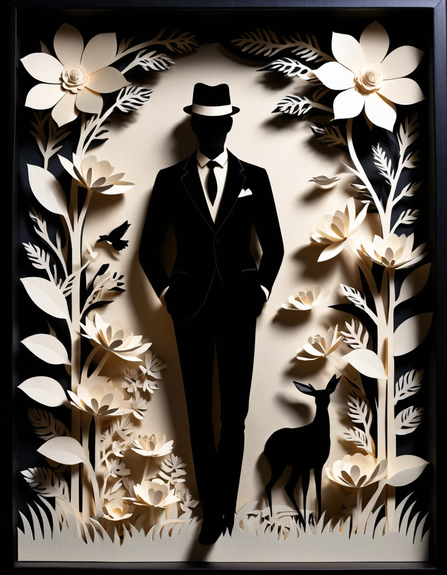 Um homem elegante rodeado de flores em uma caixa de sombras com recortes de papel em camadas