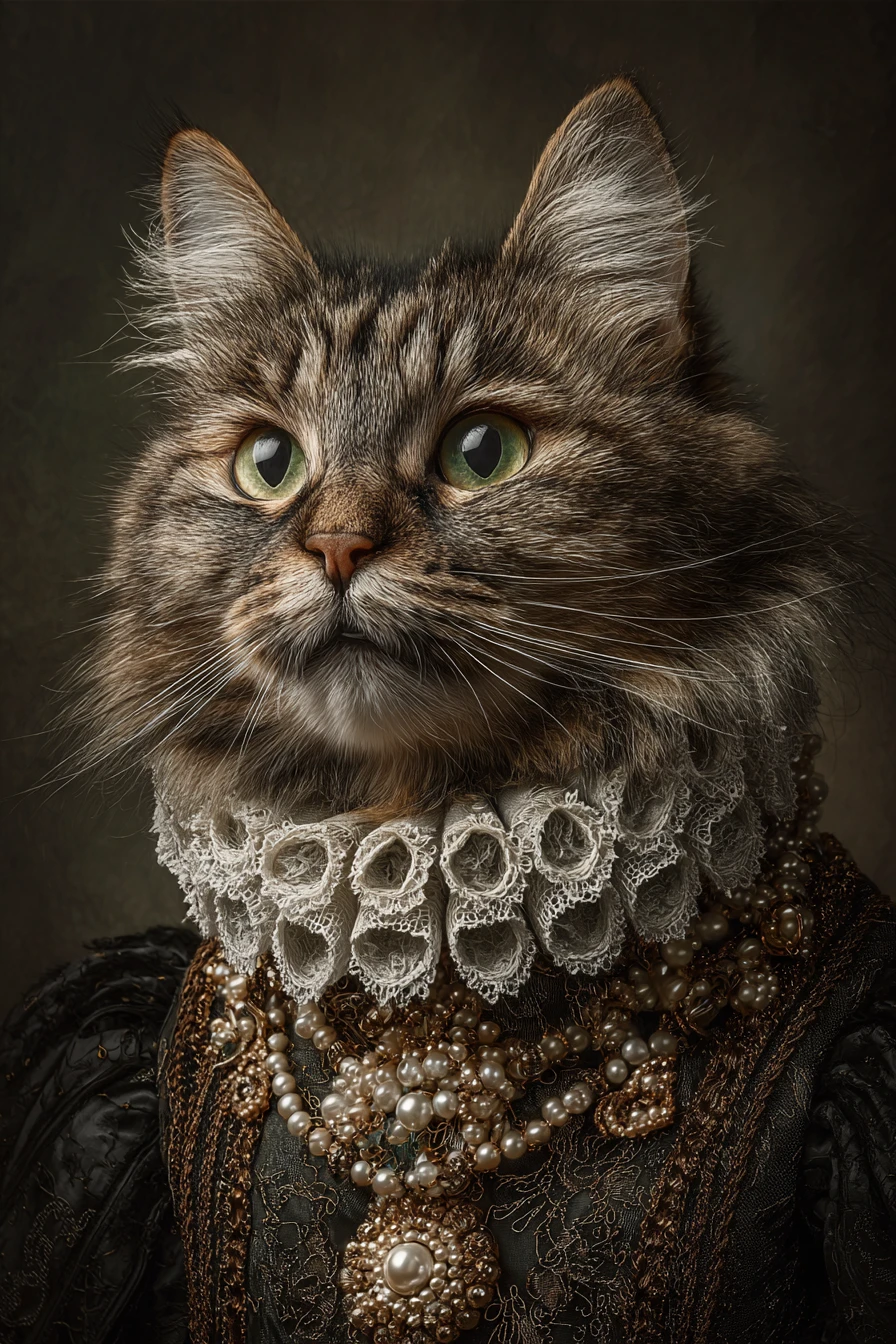 Um misterioso gato aristocrático adornado com brocado, pérolas e penas