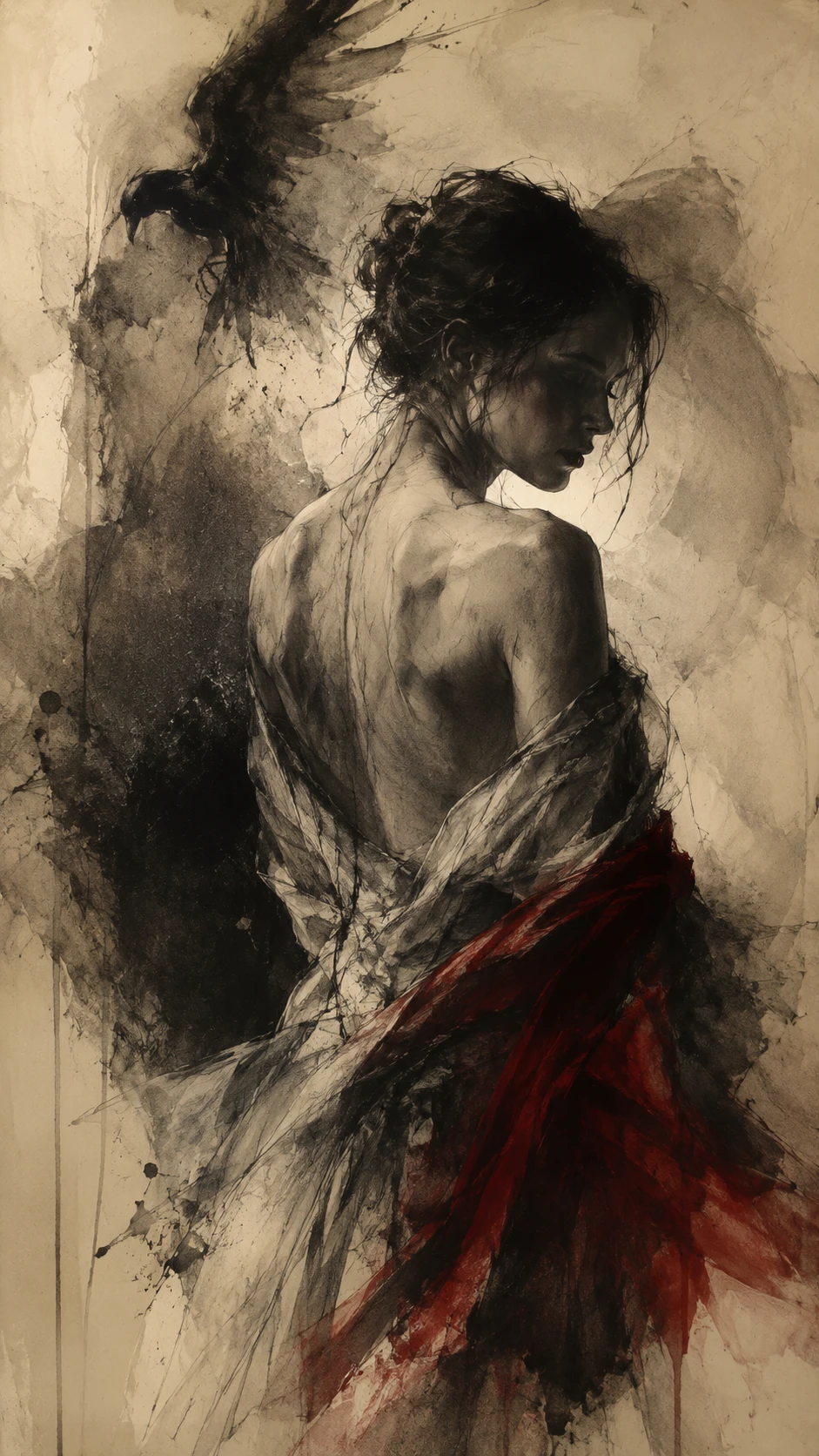 Graphite and charcoal drawing with watercolor on distressed ivory paper