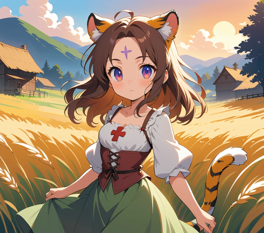 Garota tigre de anime em pé ao lado de uma casa de campo num campo de trigo ensolarado
