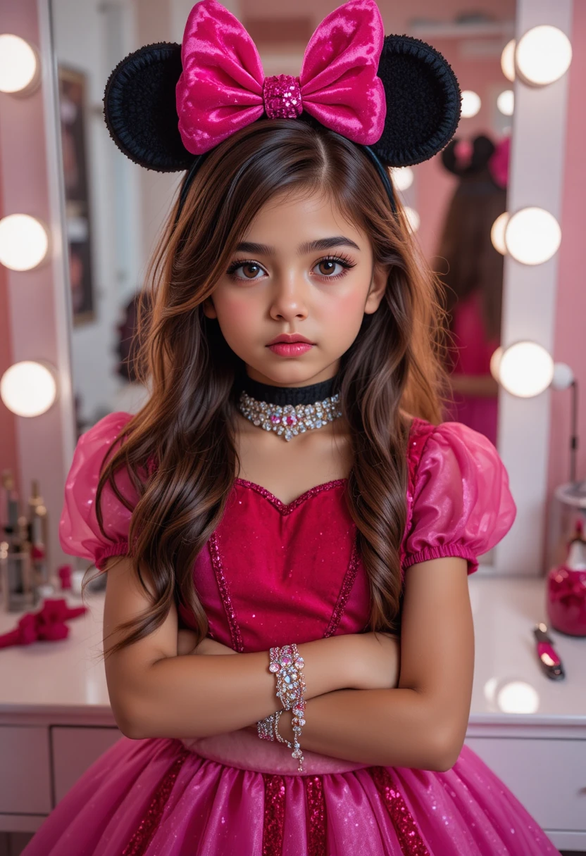 Um garoto pré-adolescente faz beicinho com uma fantasia de princesa da Minnie Mouse diante de uma penteadeira