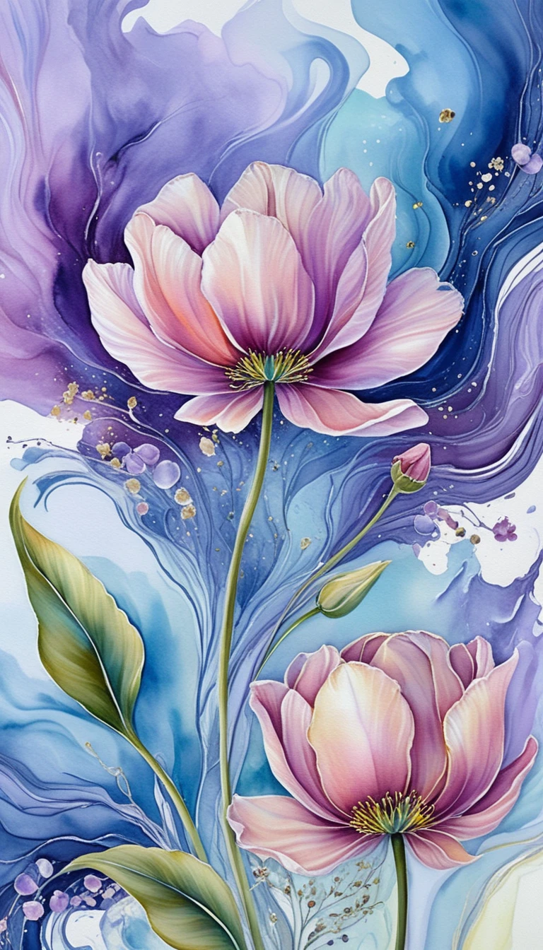 Fiori ad acquerello danzano in un cielo da sogno, tra nuvole color lavanda