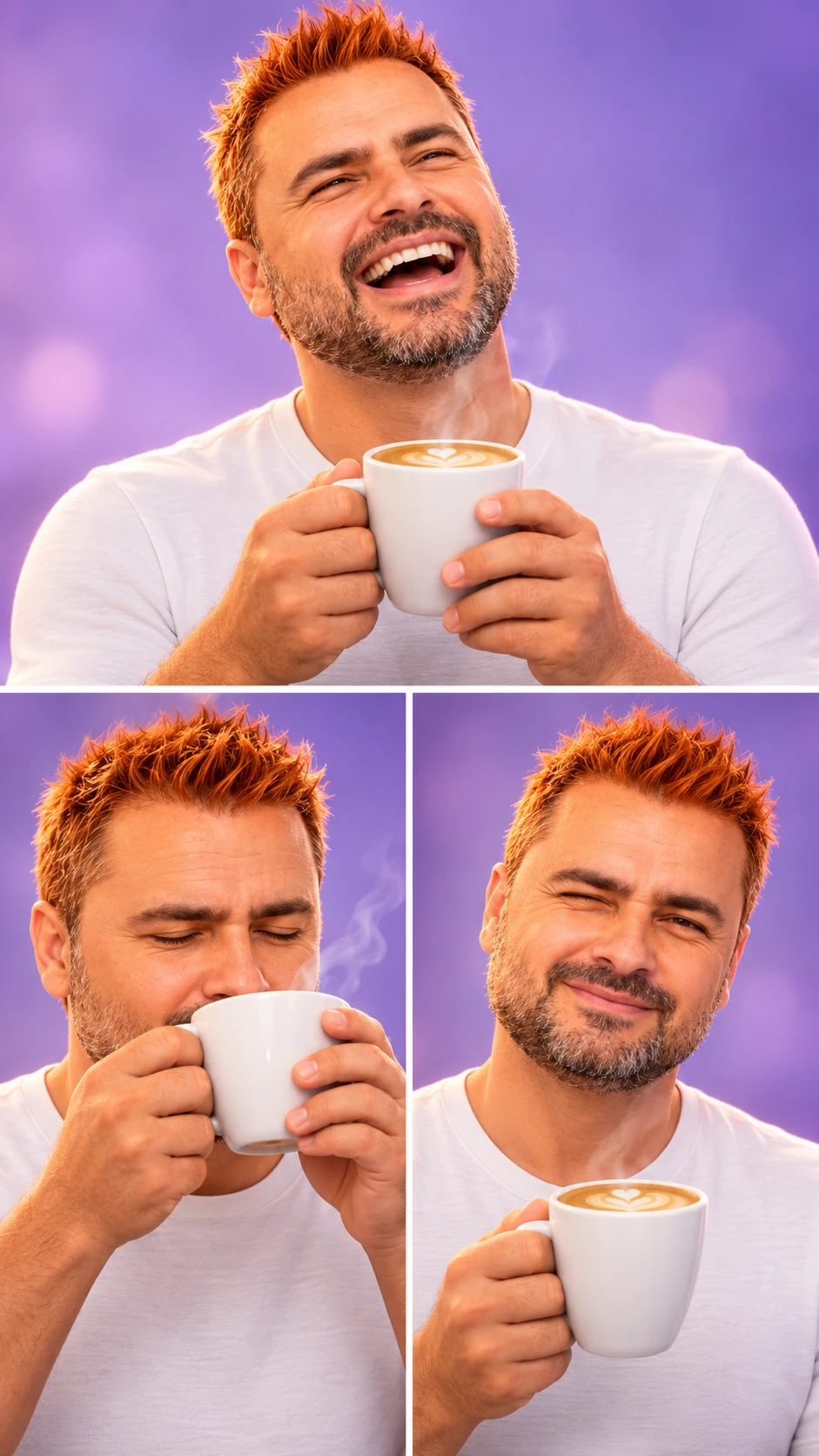 Homem alegre ri com uma caneca de café fumegante no estúdio