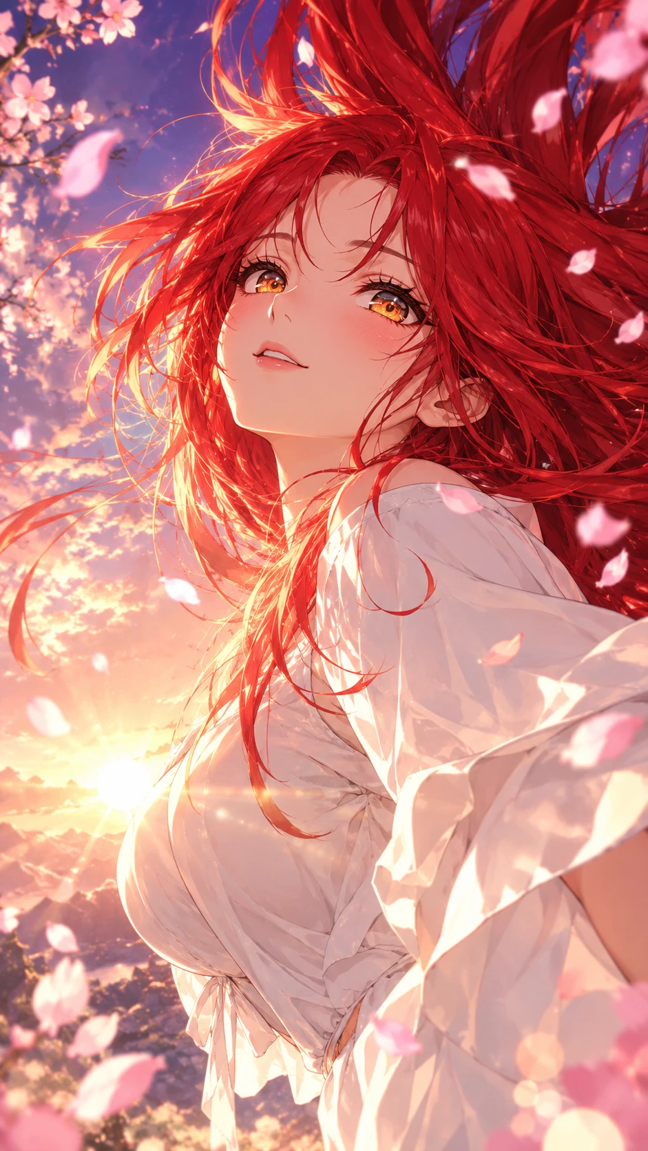 Uma mulher de anime com cabelo carmesim entre pétalas de cerejeira em redemoinho