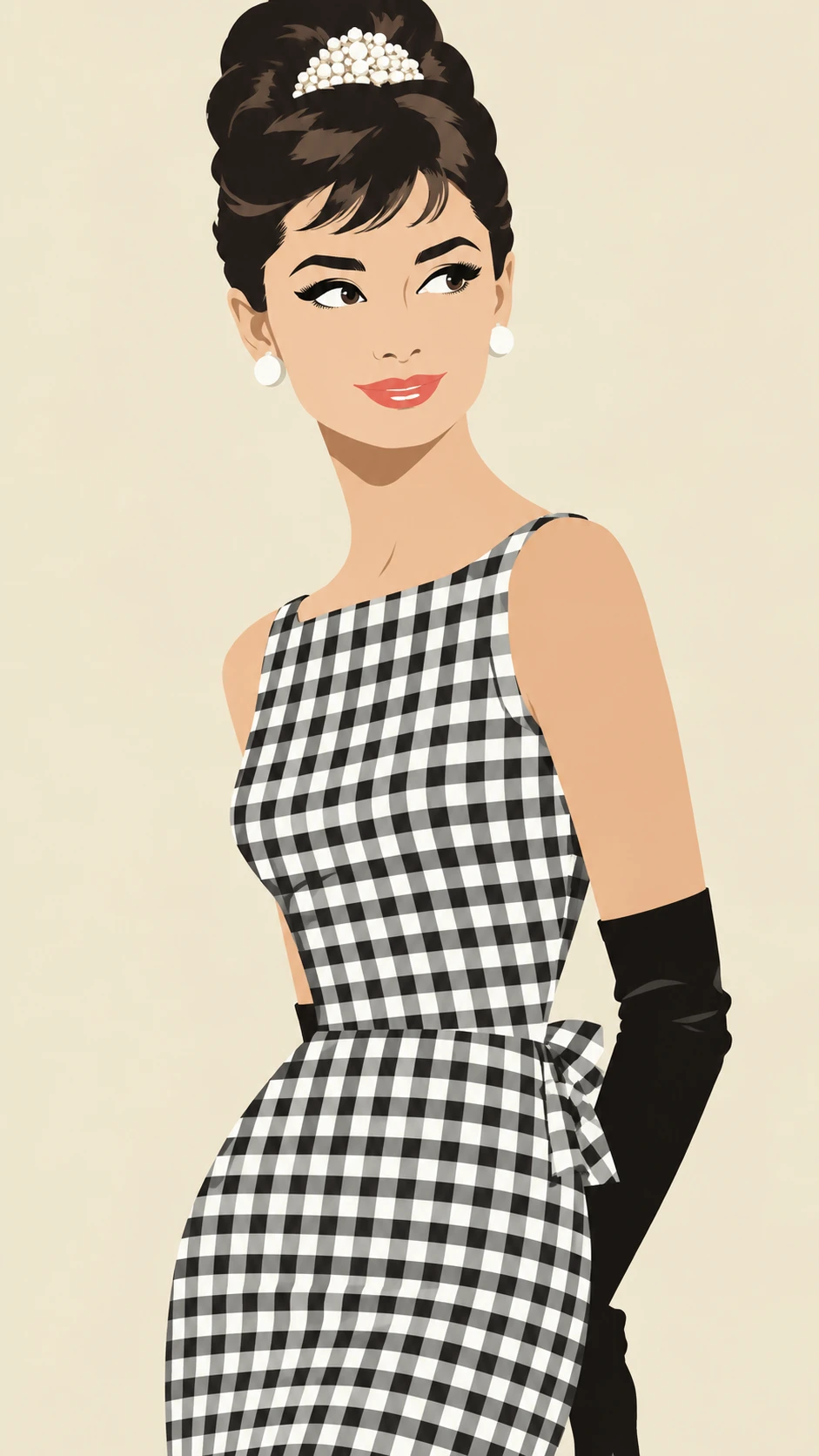 Audrey Hepburn sorri com um vestido xadrez vichy em um retrato dos anos 1960