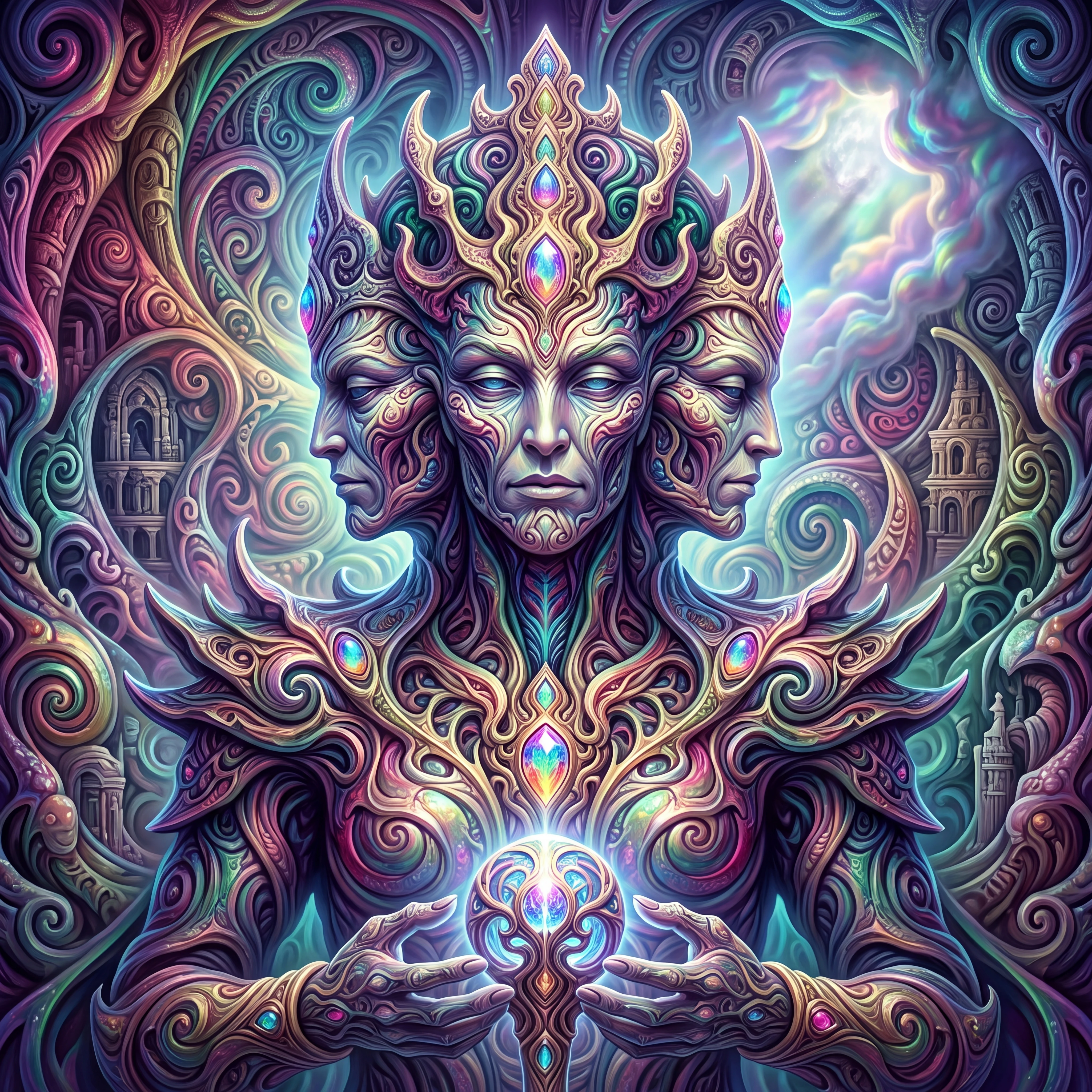 Uma majestosa figura da realeza rodeada por padrões místicos iridescentes em espiral