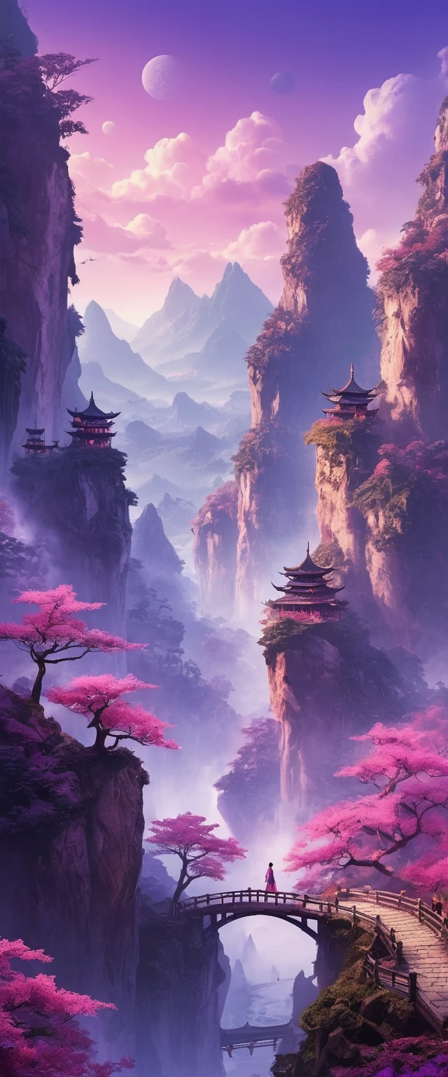 Uma fênix sobrevoa uma montanha envolta em fumaça em um mundo de fantasia chinês