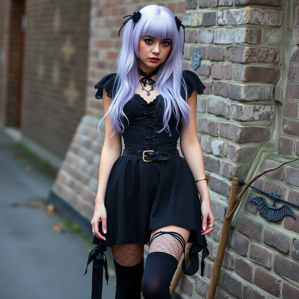 Uma jovem com cabelo lavanda pastel e roupa preta de estilo gótico