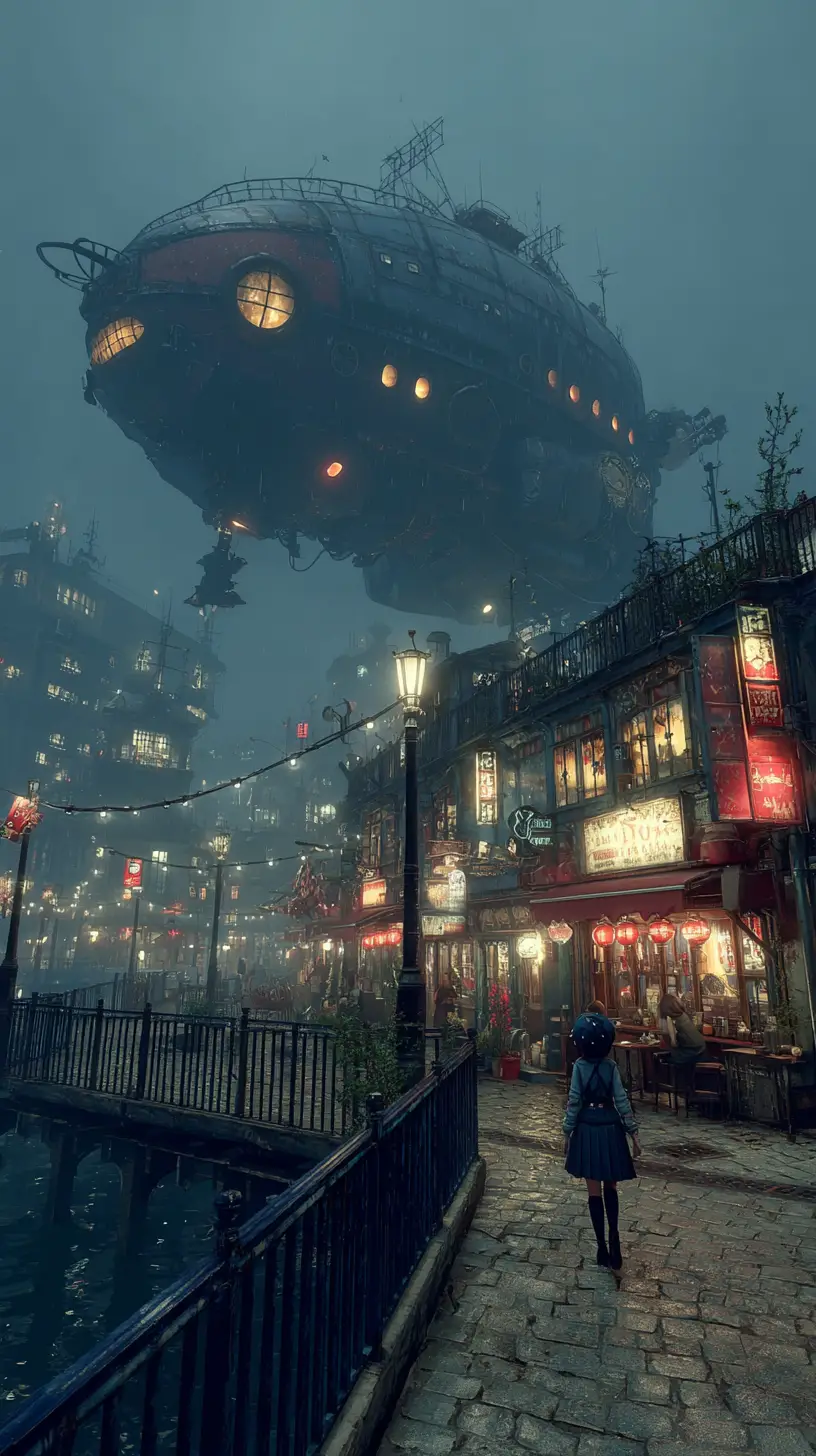 Um enorme mecha danificado em batalha caminha ao lado de uma garota cyberpunk pelas ruas da cidade