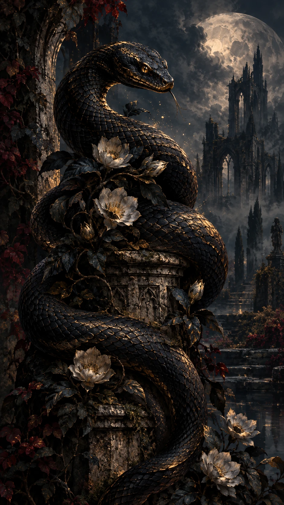 A black serpent coils around a stone pedestal in a gothic garden