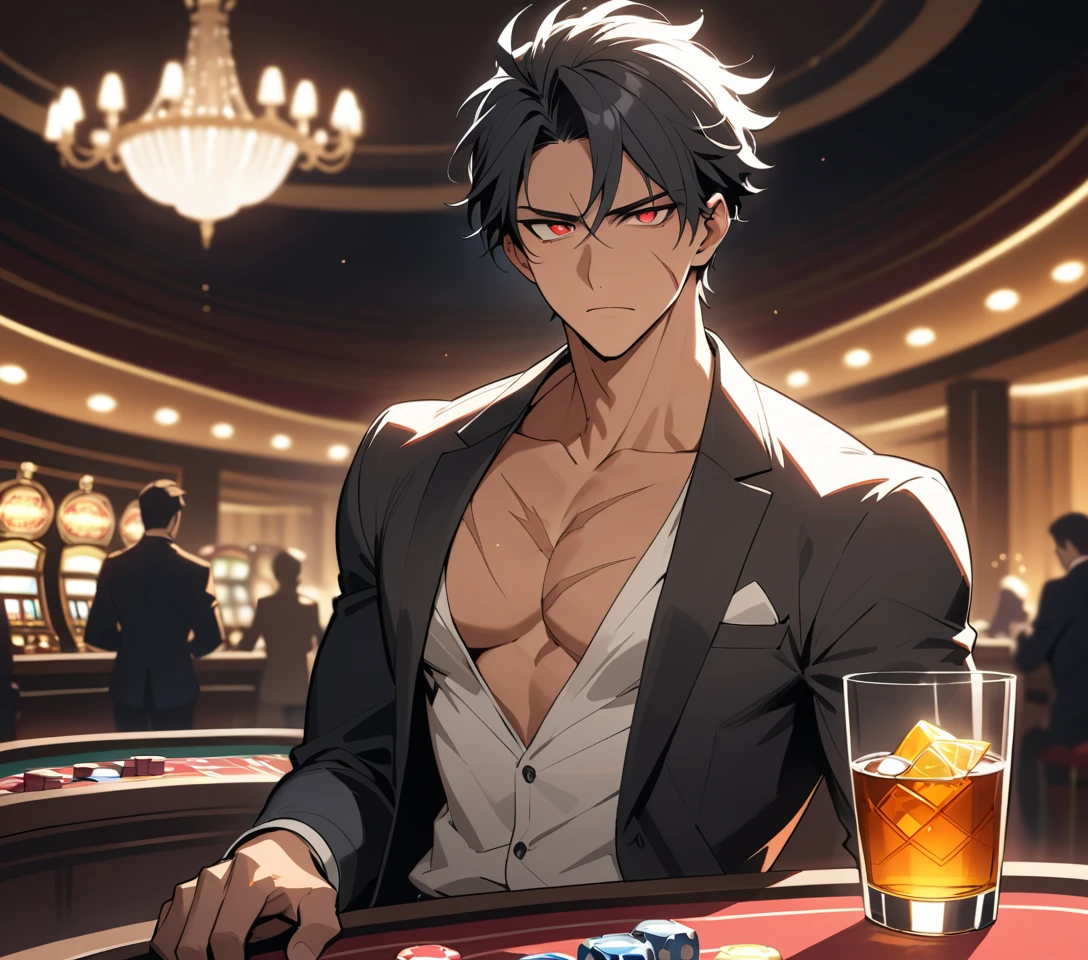 Homem de anime sentado à mesa de póquer VIP num casino de luxo