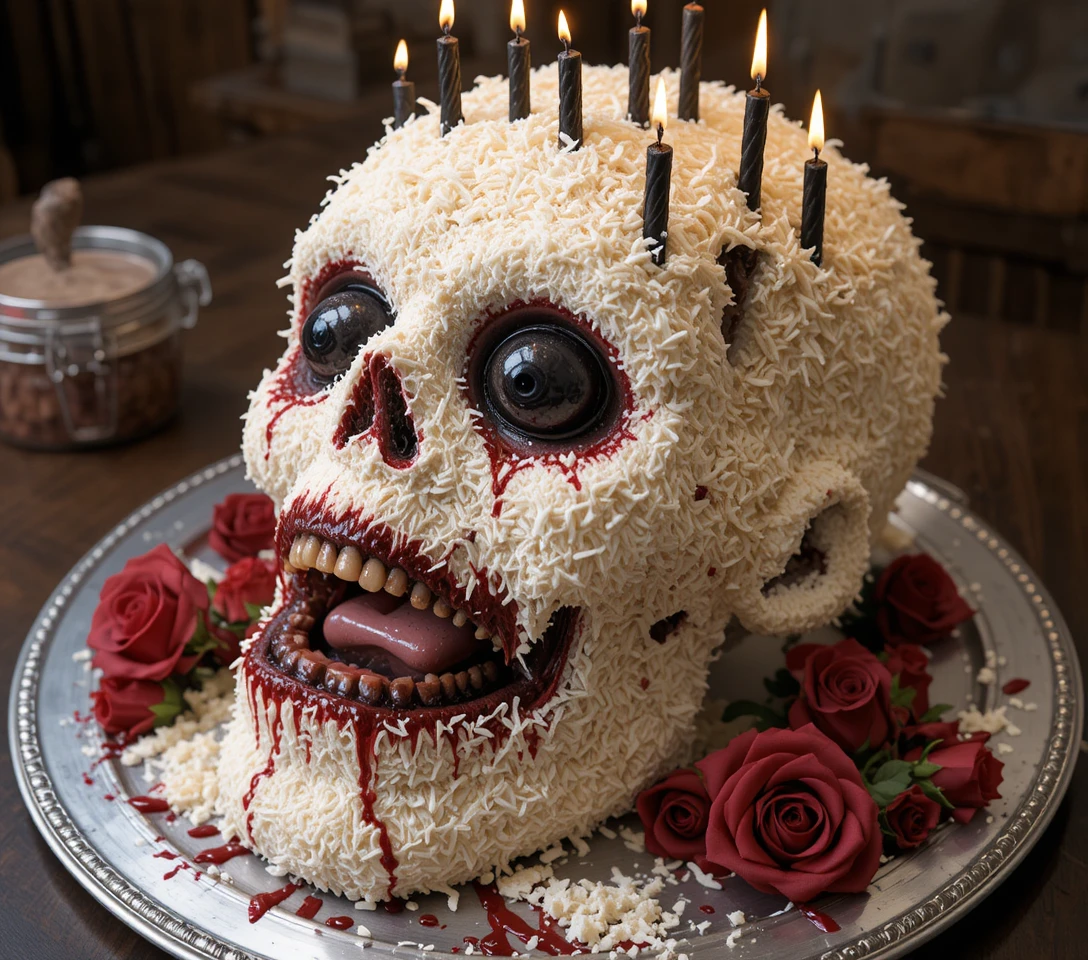 Bolo de aniversário em forma de cabeça de zumbi com cobertura de coco e rosas gotejando sangue